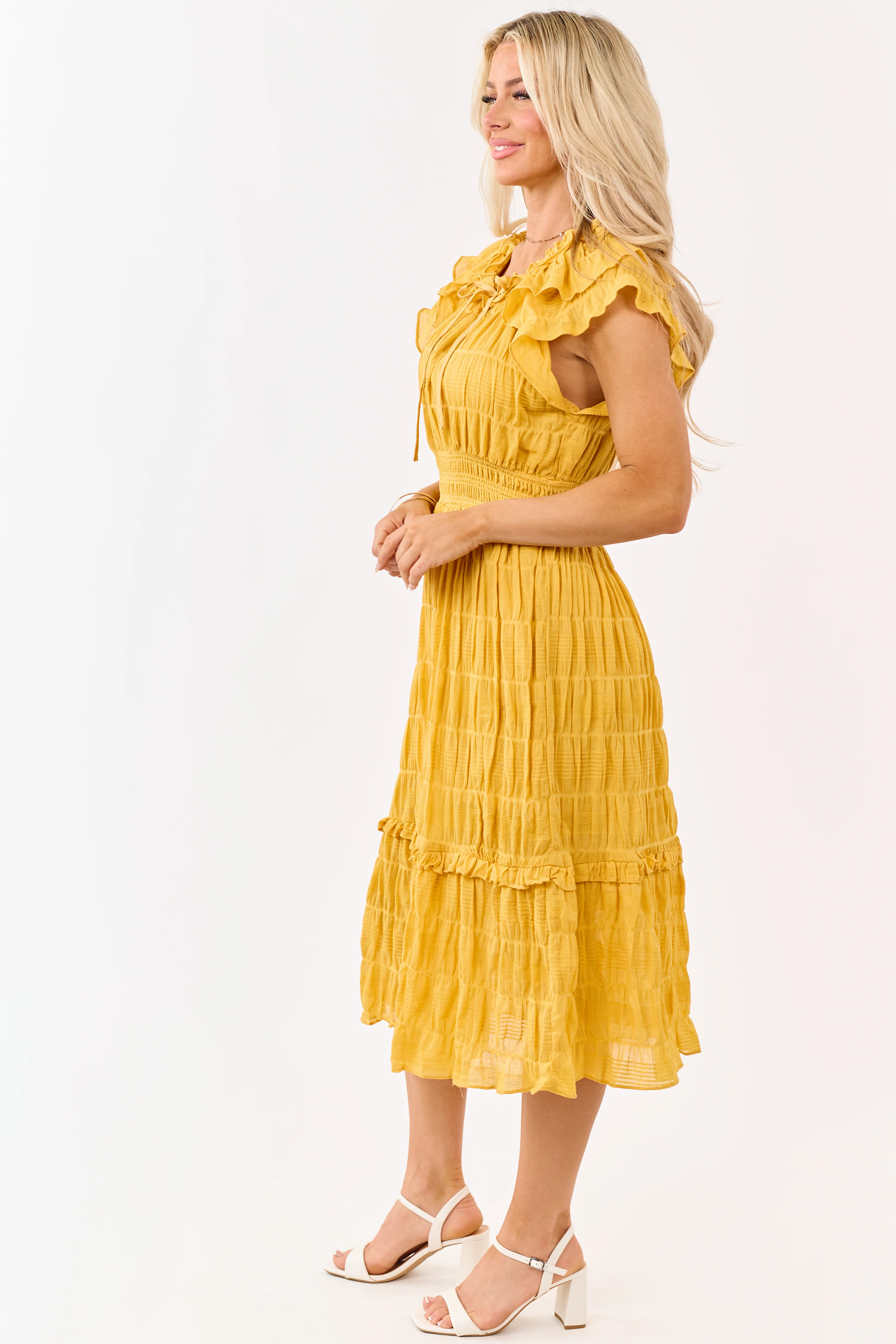 Honey Textured Flutter Sleeve Smocked Midi Dress - Image 5