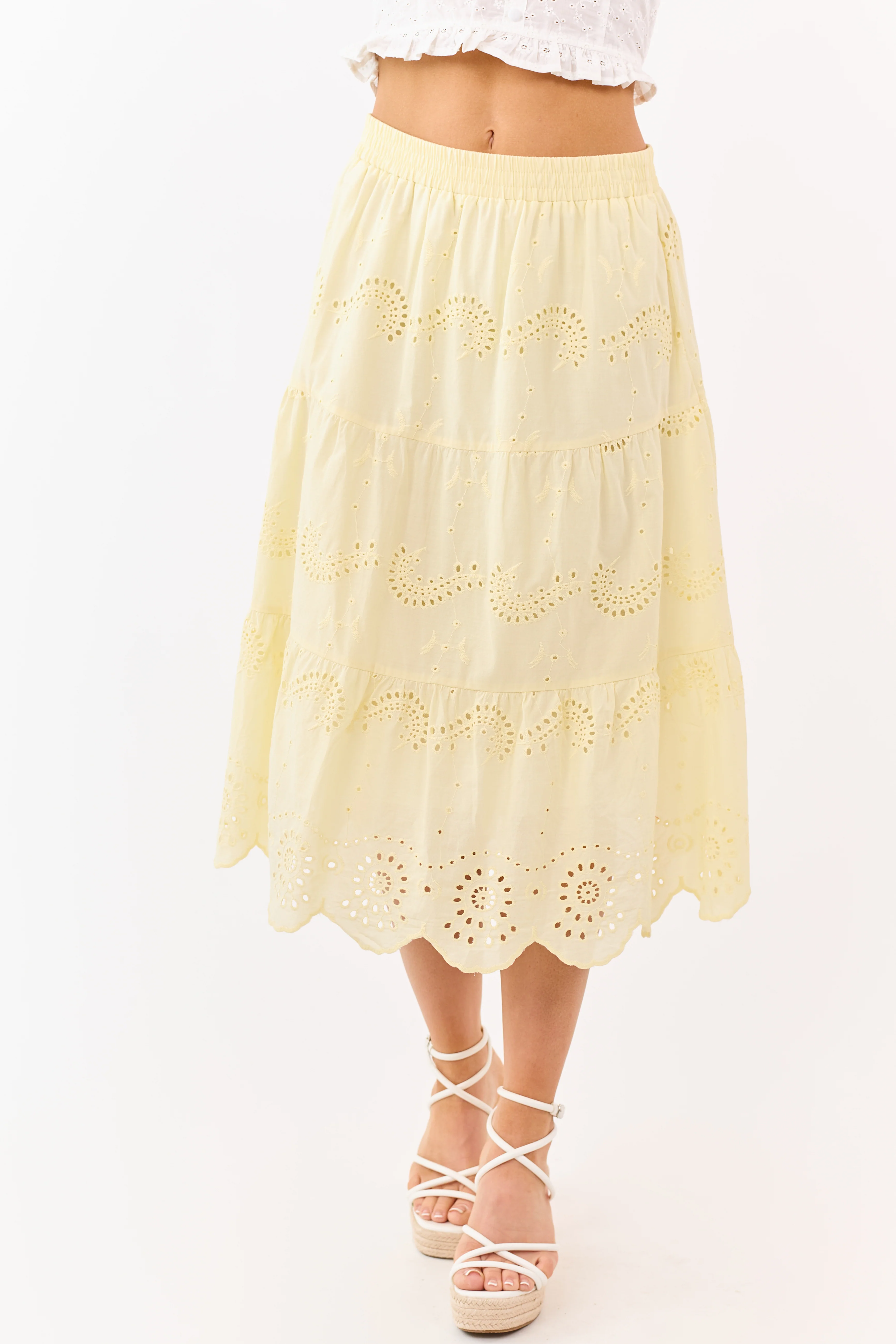 Honeysuckle Cotton Eyelet Lace Tiered Midi Skirt - Image 2