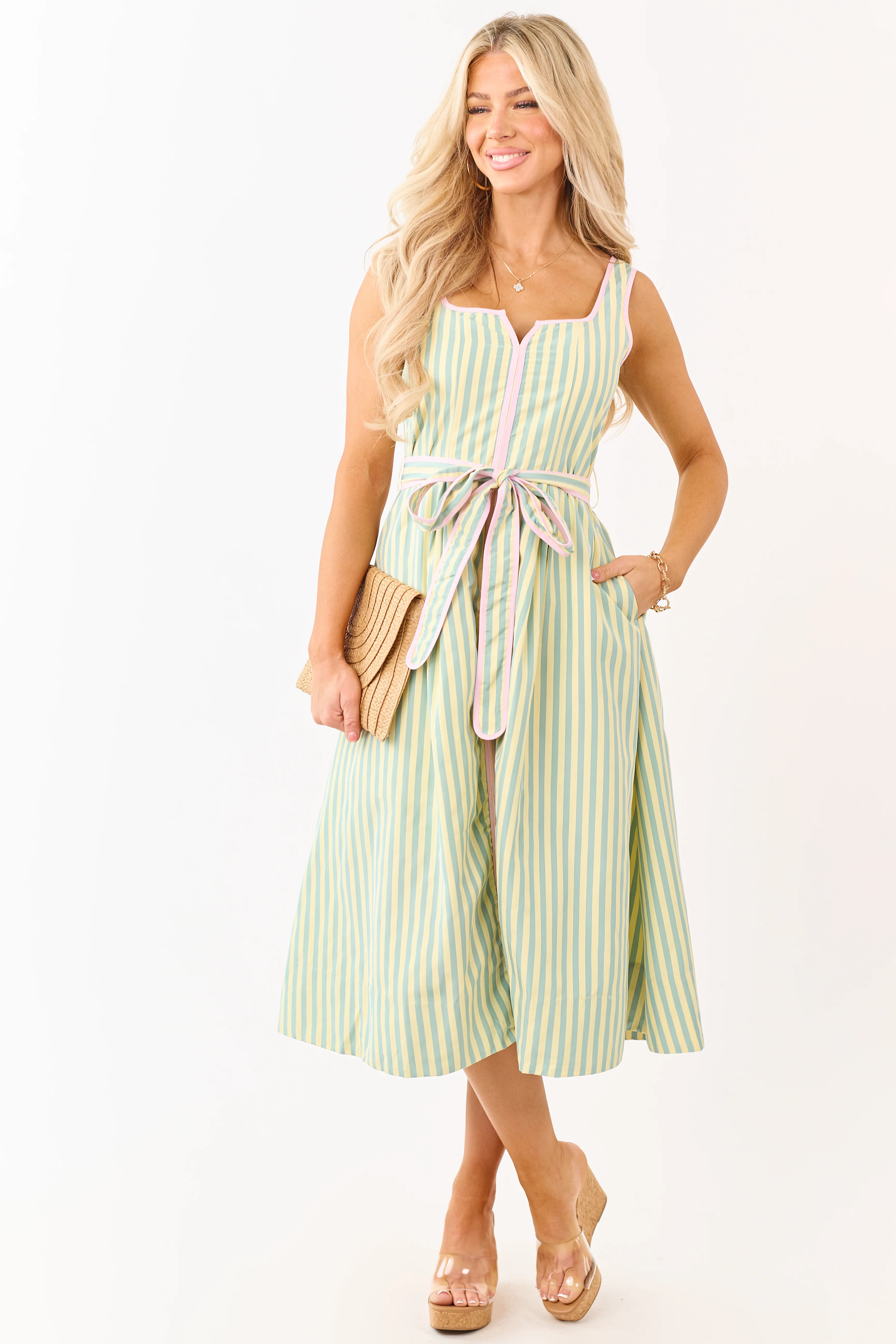 Honeysuckle Striped Notch Neck Waist Tie Midi Dress - Image 3