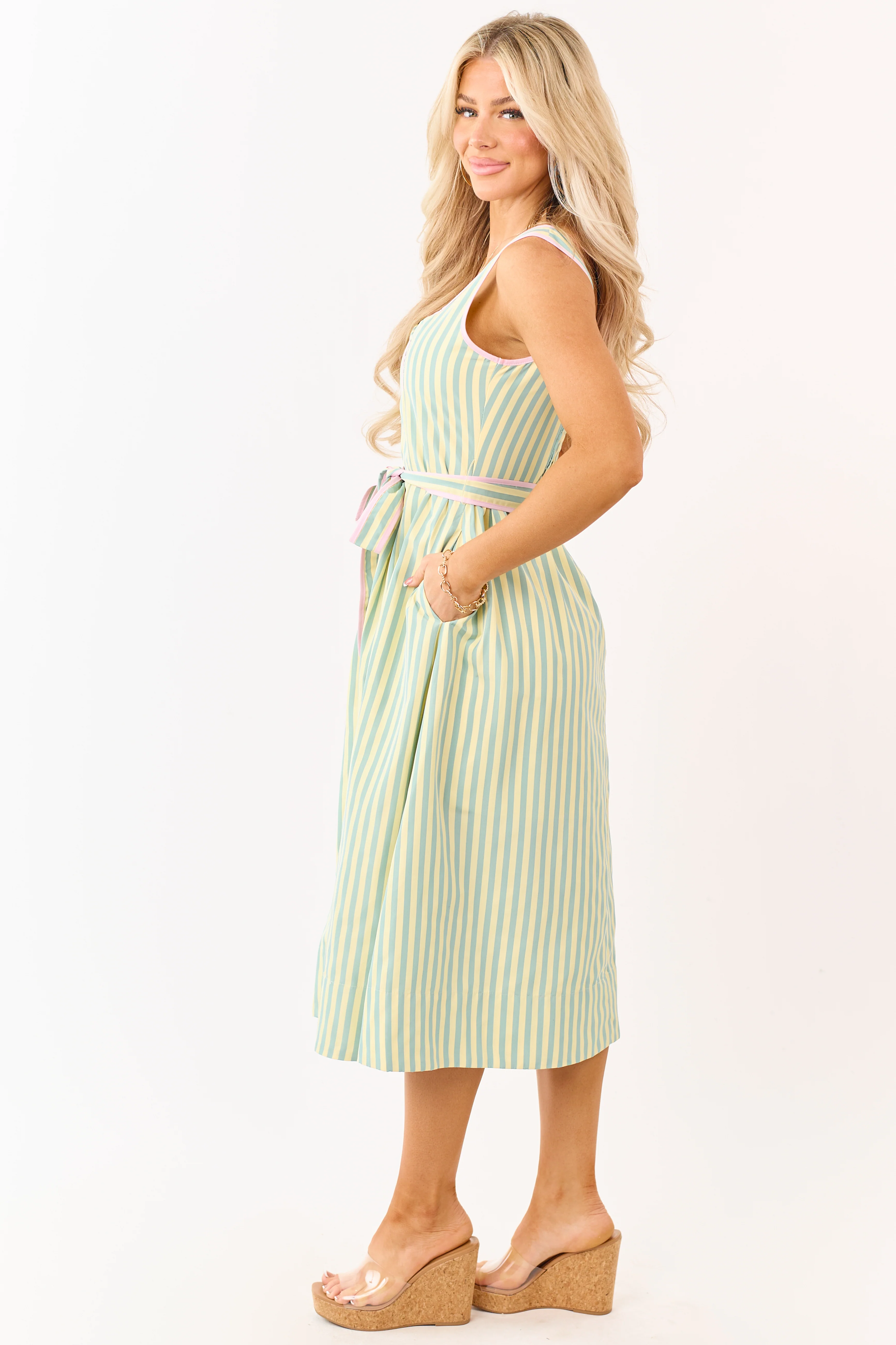 Honeysuckle Striped Notch Neck Waist Tie Midi Dress - Image 4