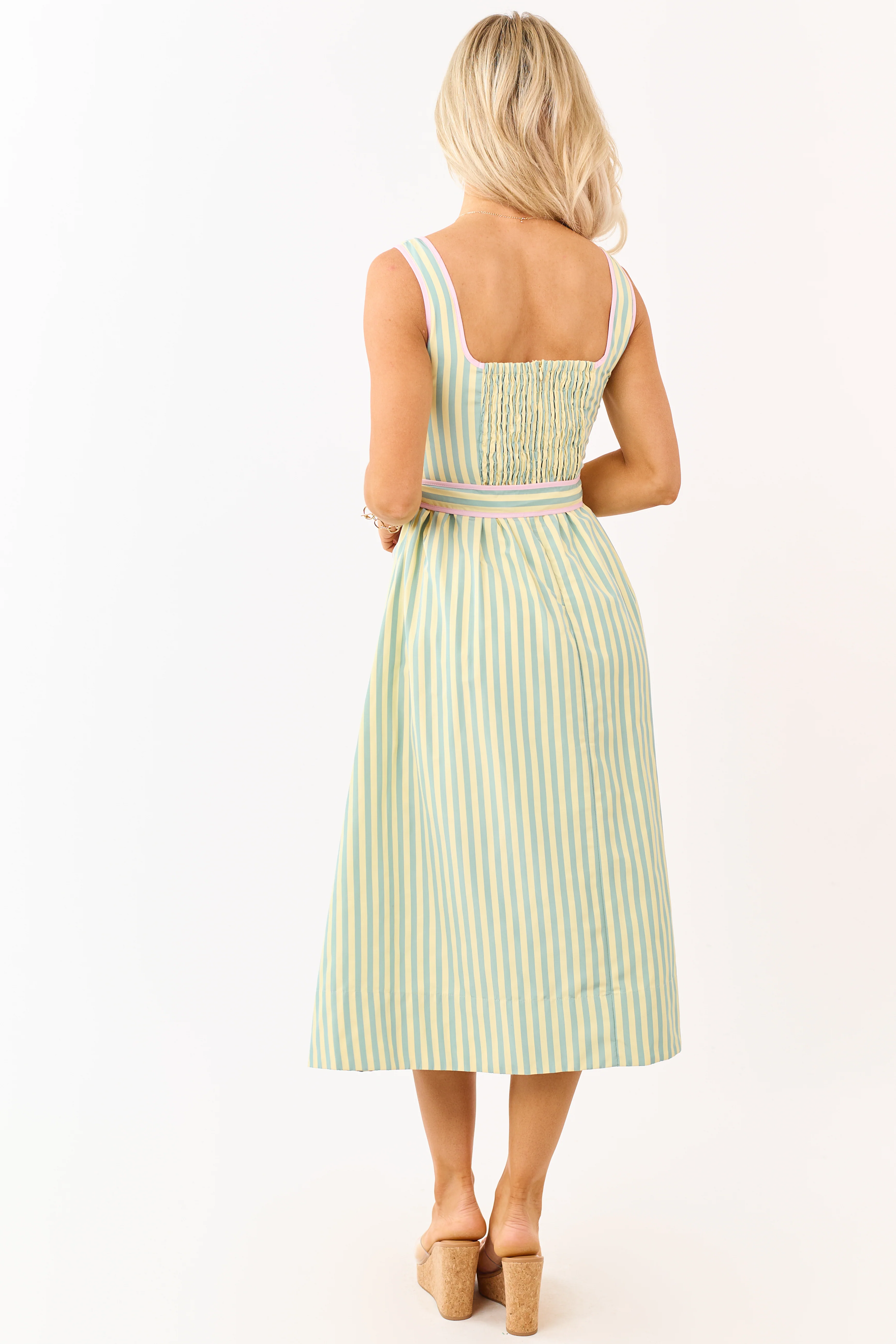 Honeysuckle Striped Notch Neck Waist Tie Midi Dress - Image 5
