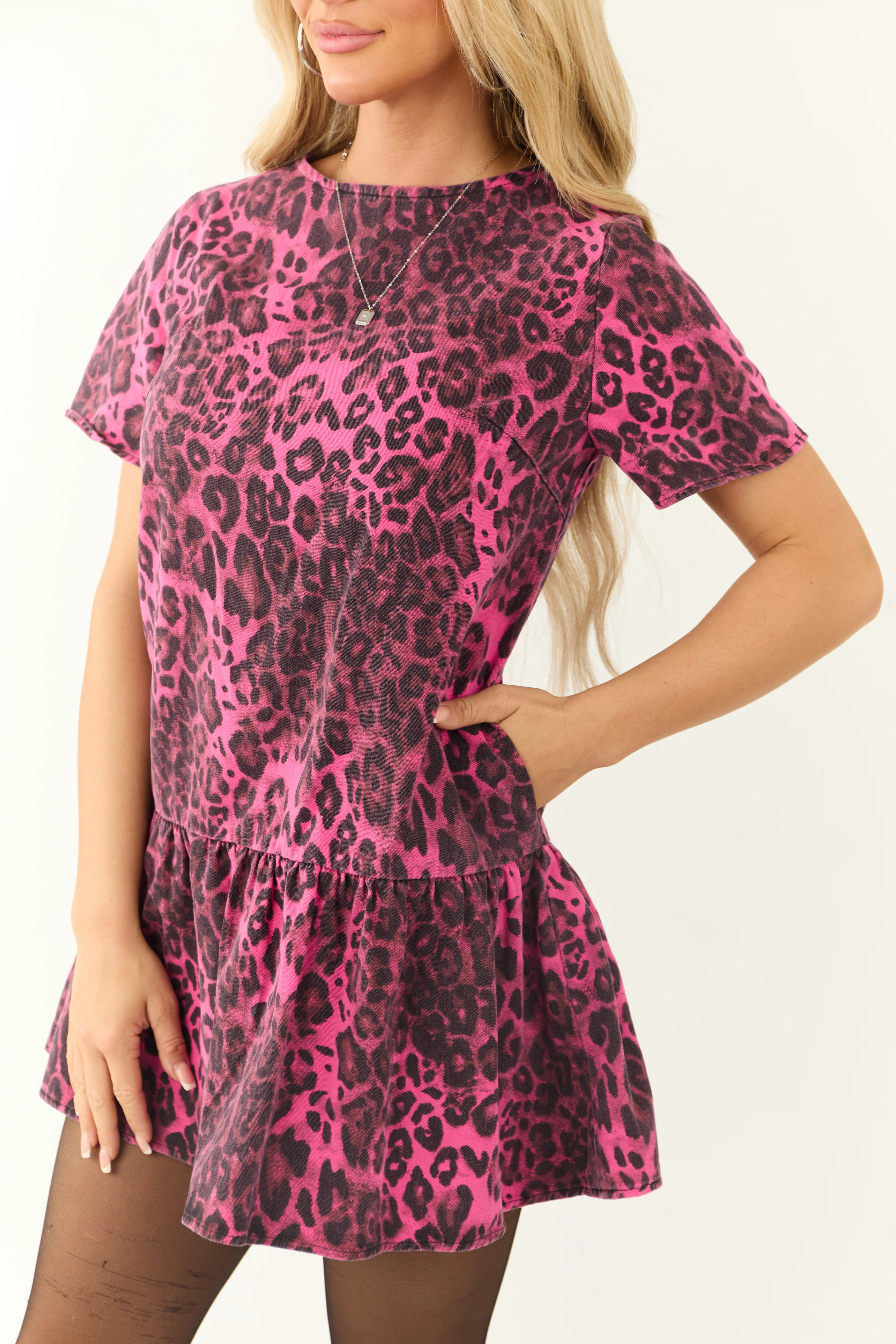Hot Pink Leopard Print Drop Waist Denim Short Dress - Image 7