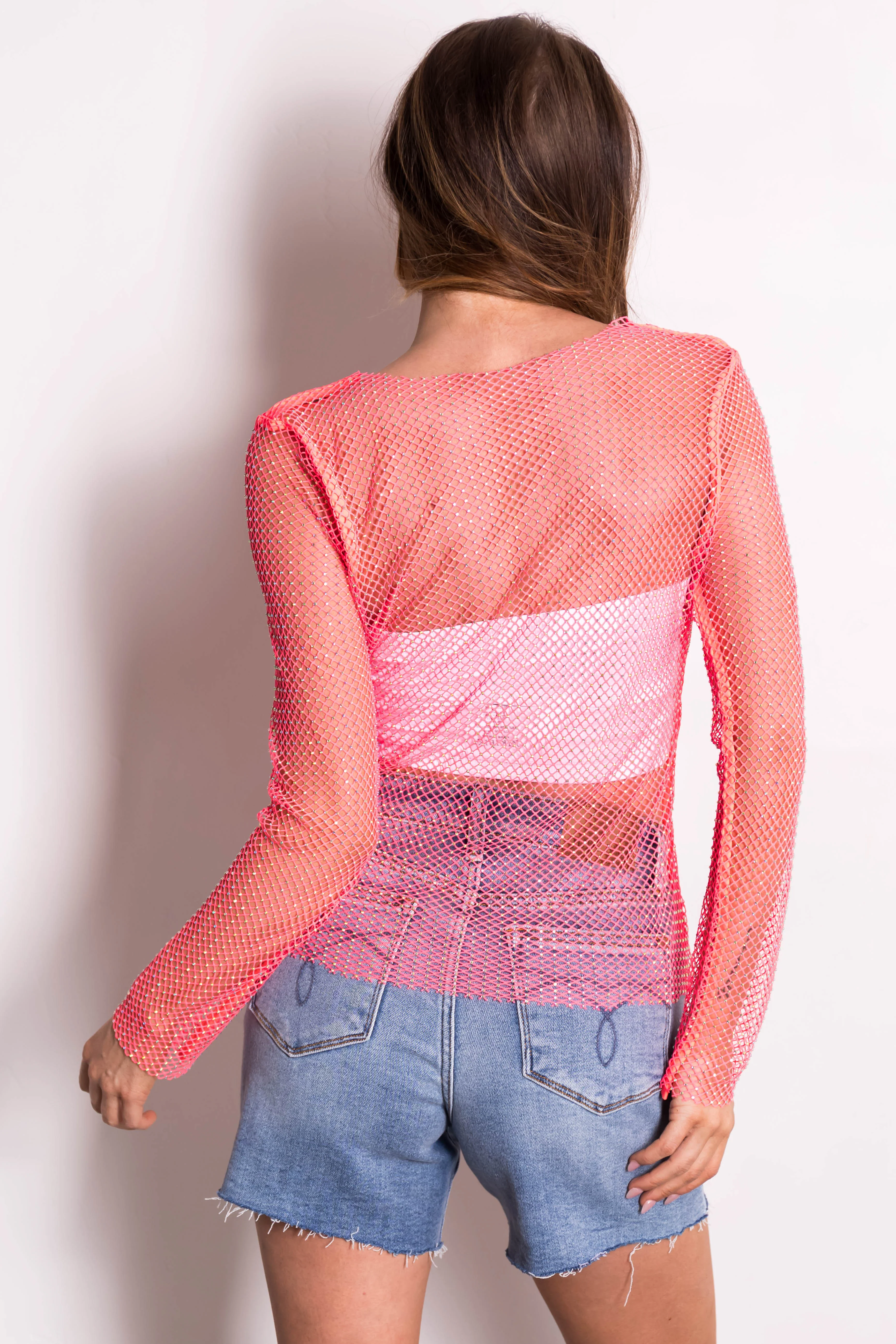 Hot Pink Sheer Mesh Rhinestone Top - Image 7
