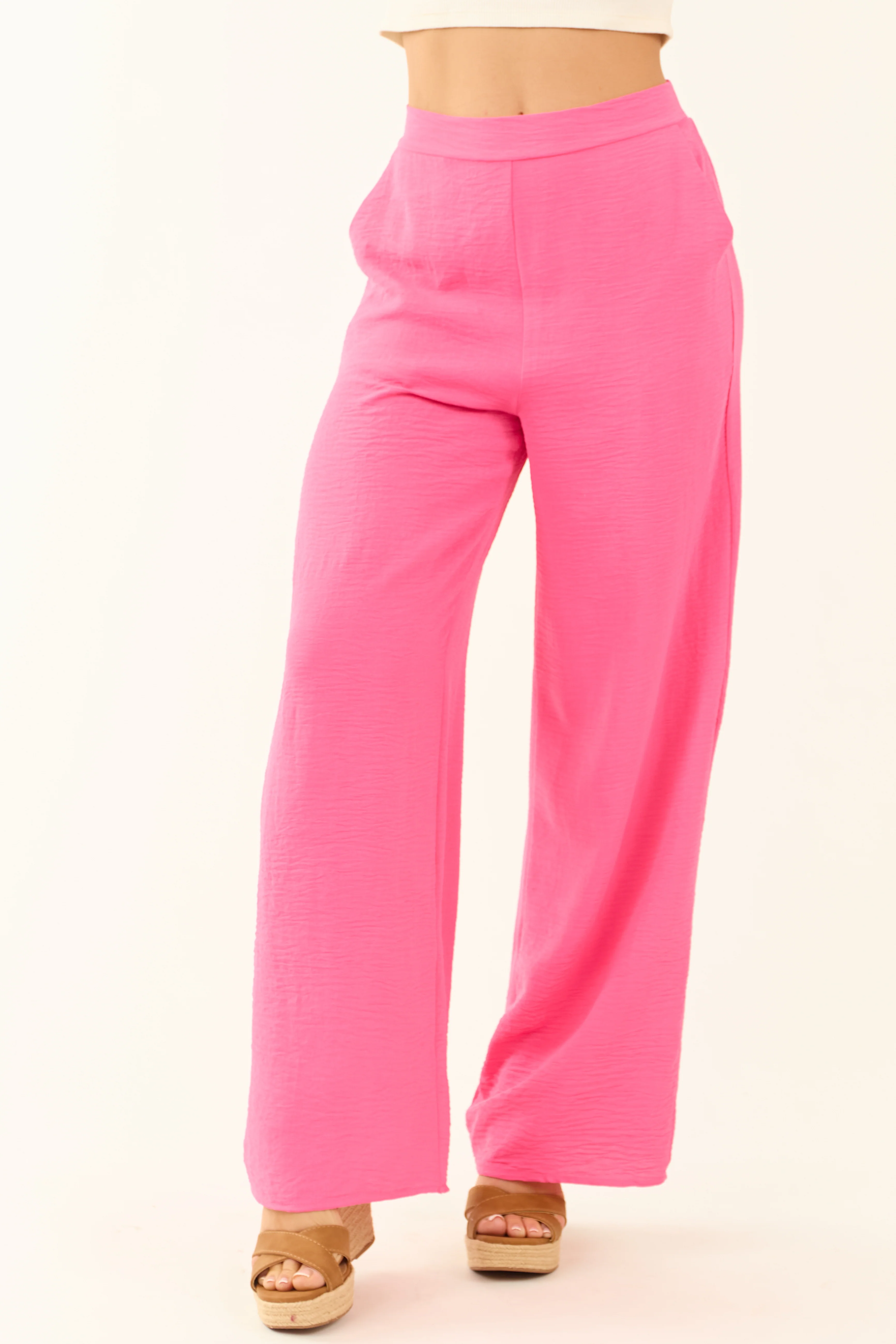 Hot Pink Wide Leg Smocked High Waist Pants - Image 2