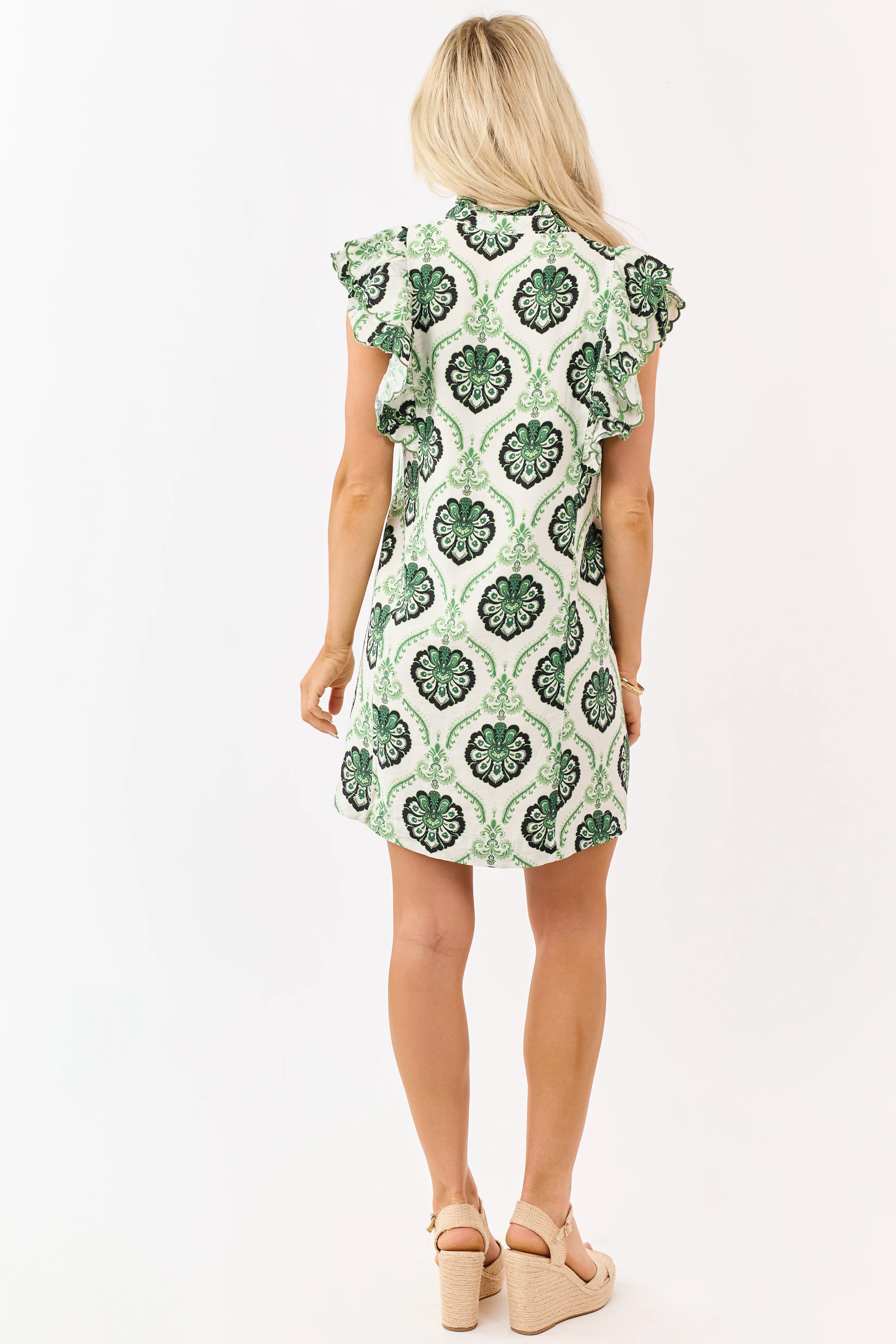 Hunter Green Damask Floral V-Neck Mini Dress - Image 5