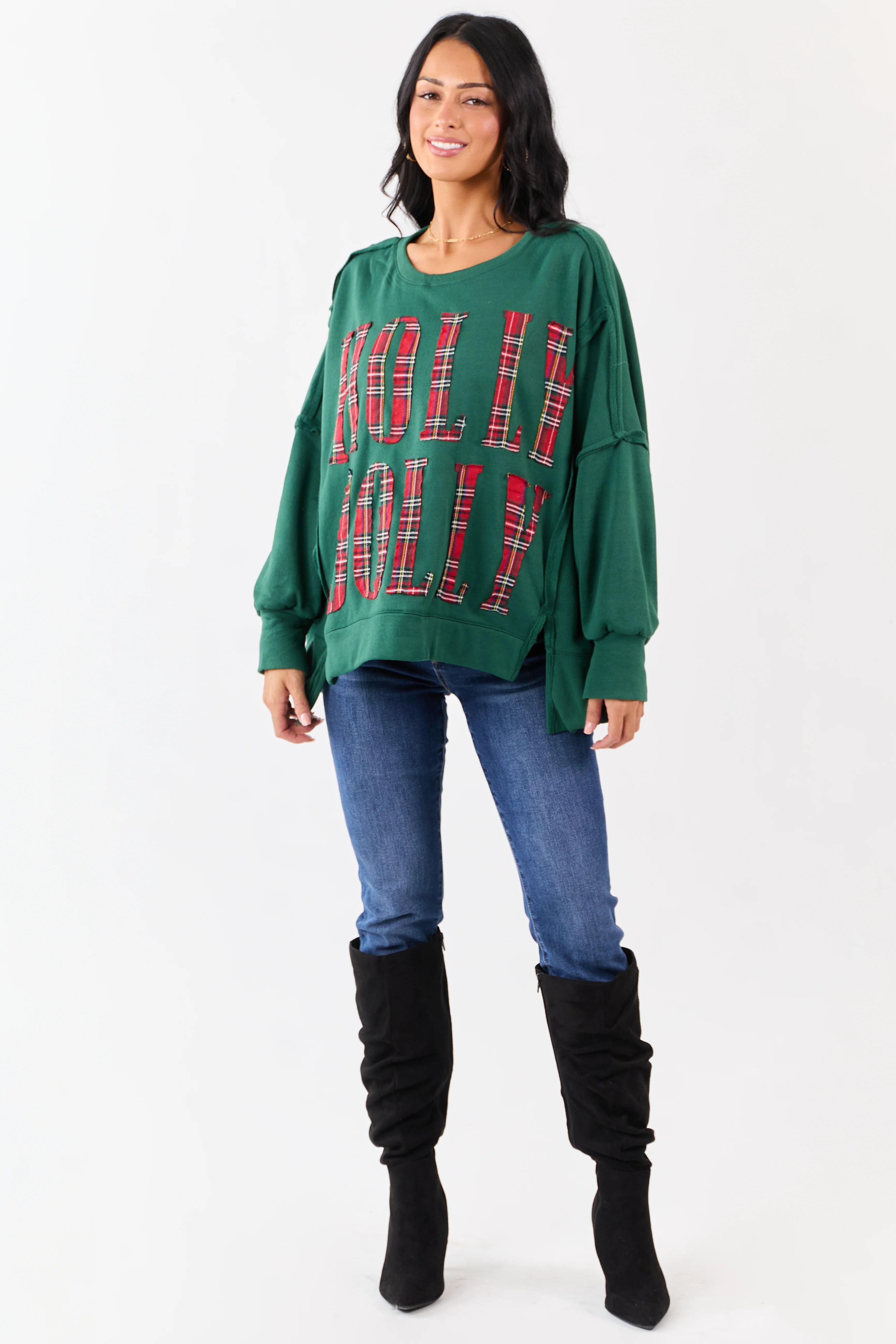 Hunter Green 'Holly Jolly' Plaid Lettering Fleece Top - Image 2