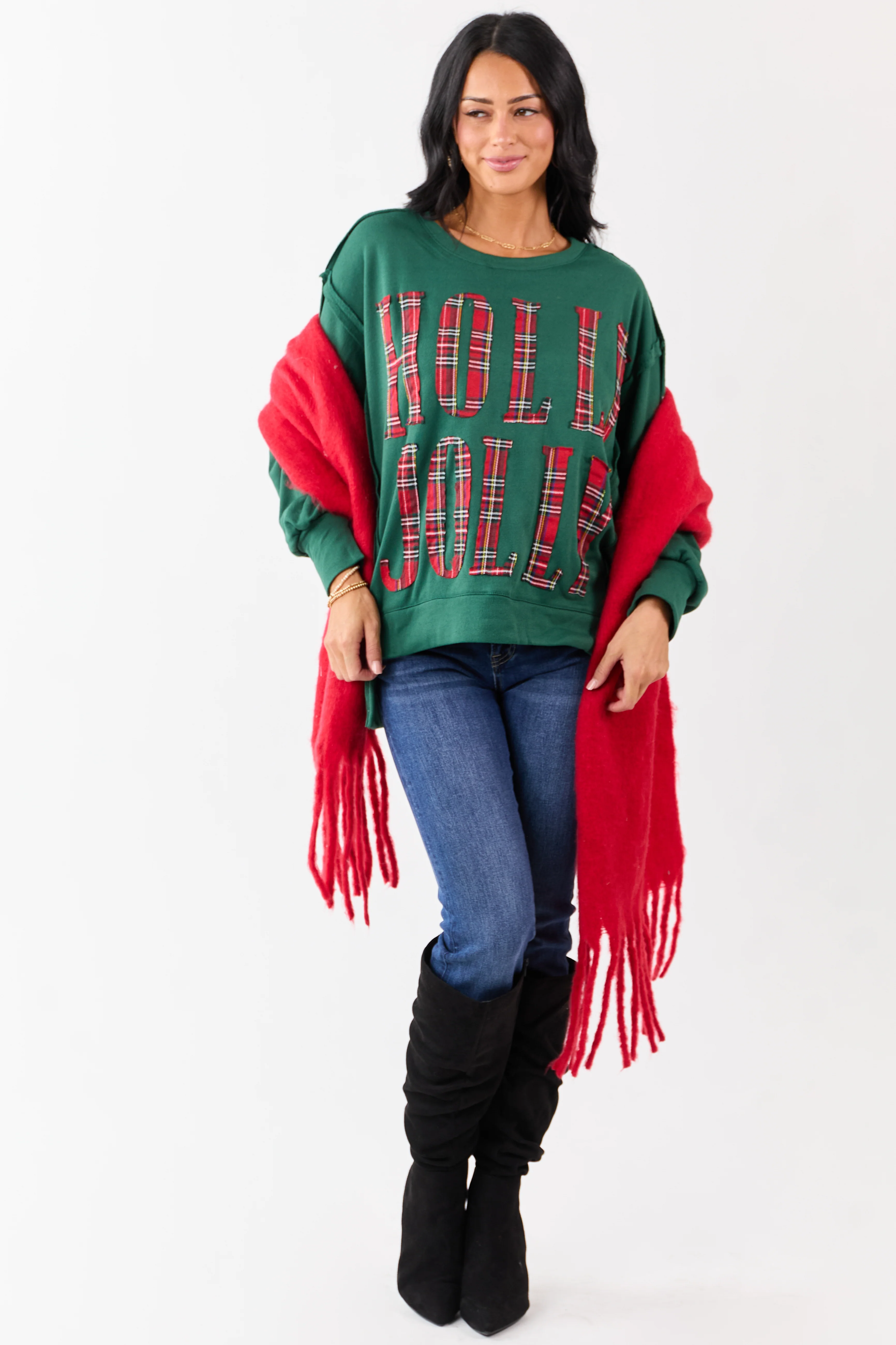 Hunter Green 'Holly Jolly' Plaid Lettering Fleece Top - Image 3