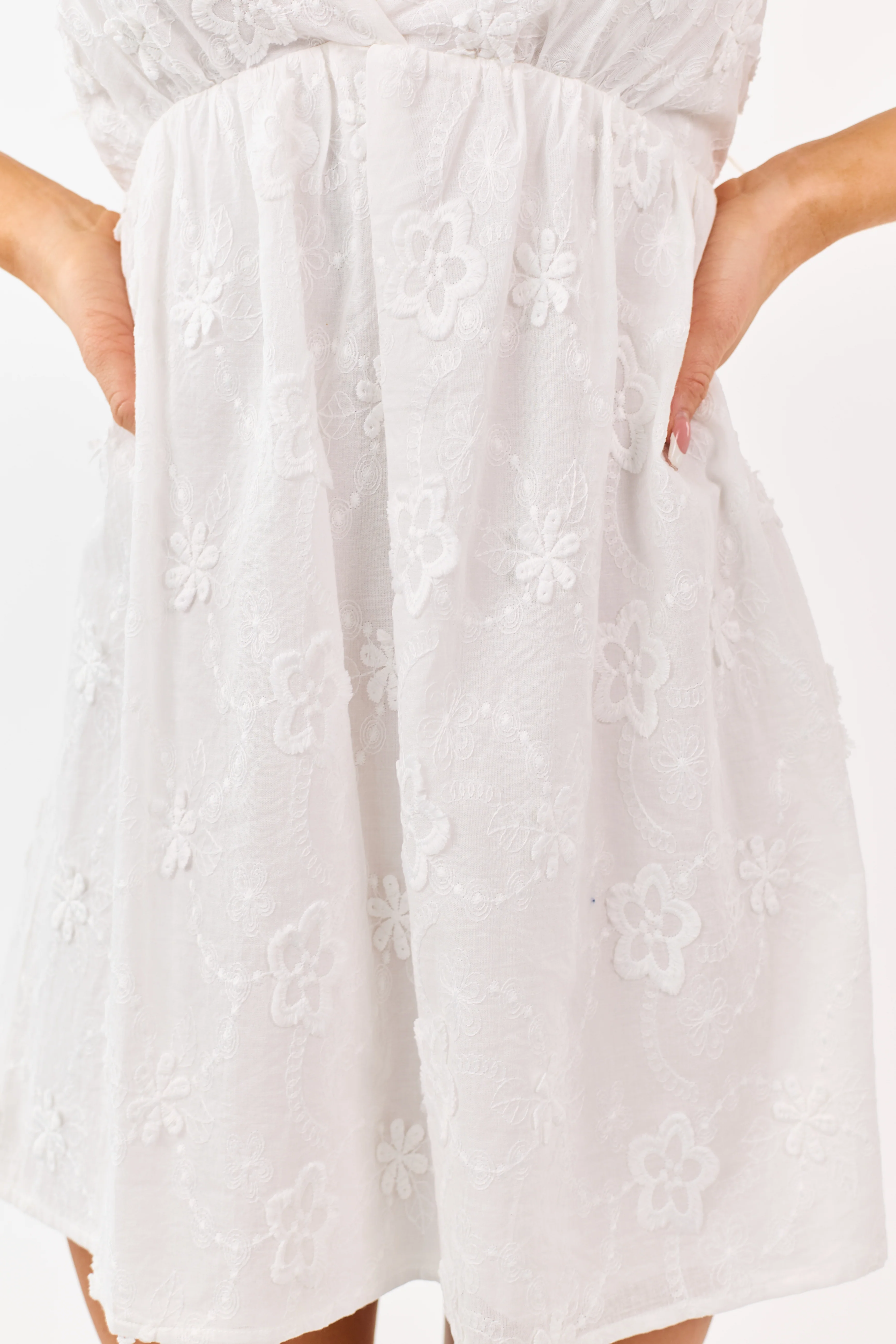 Ivory 3D Floral Embroidered Babydoll Mini Dress - Image 2