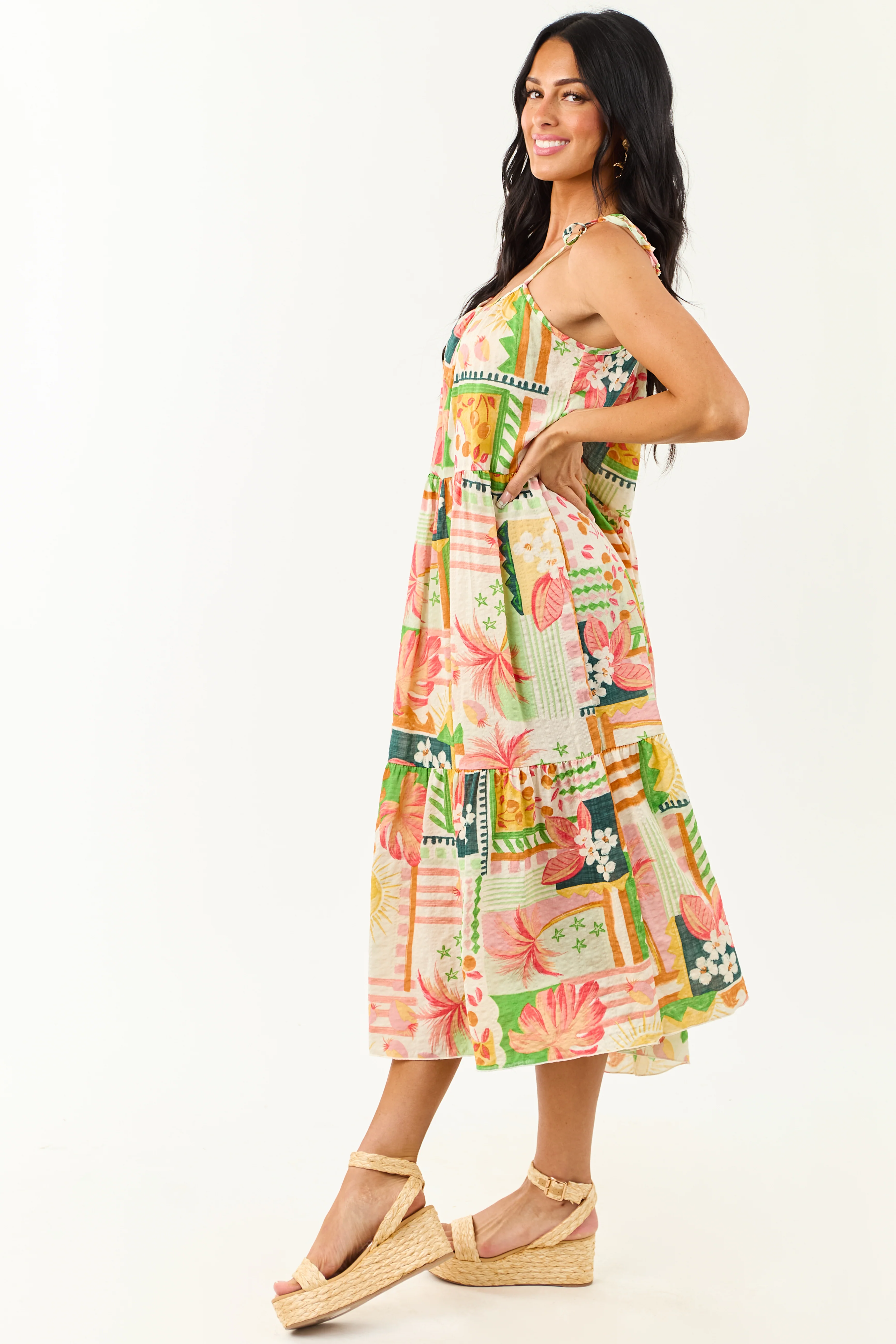 Ivory Abstract Print Tie Straps Midi Dress - Image 4
