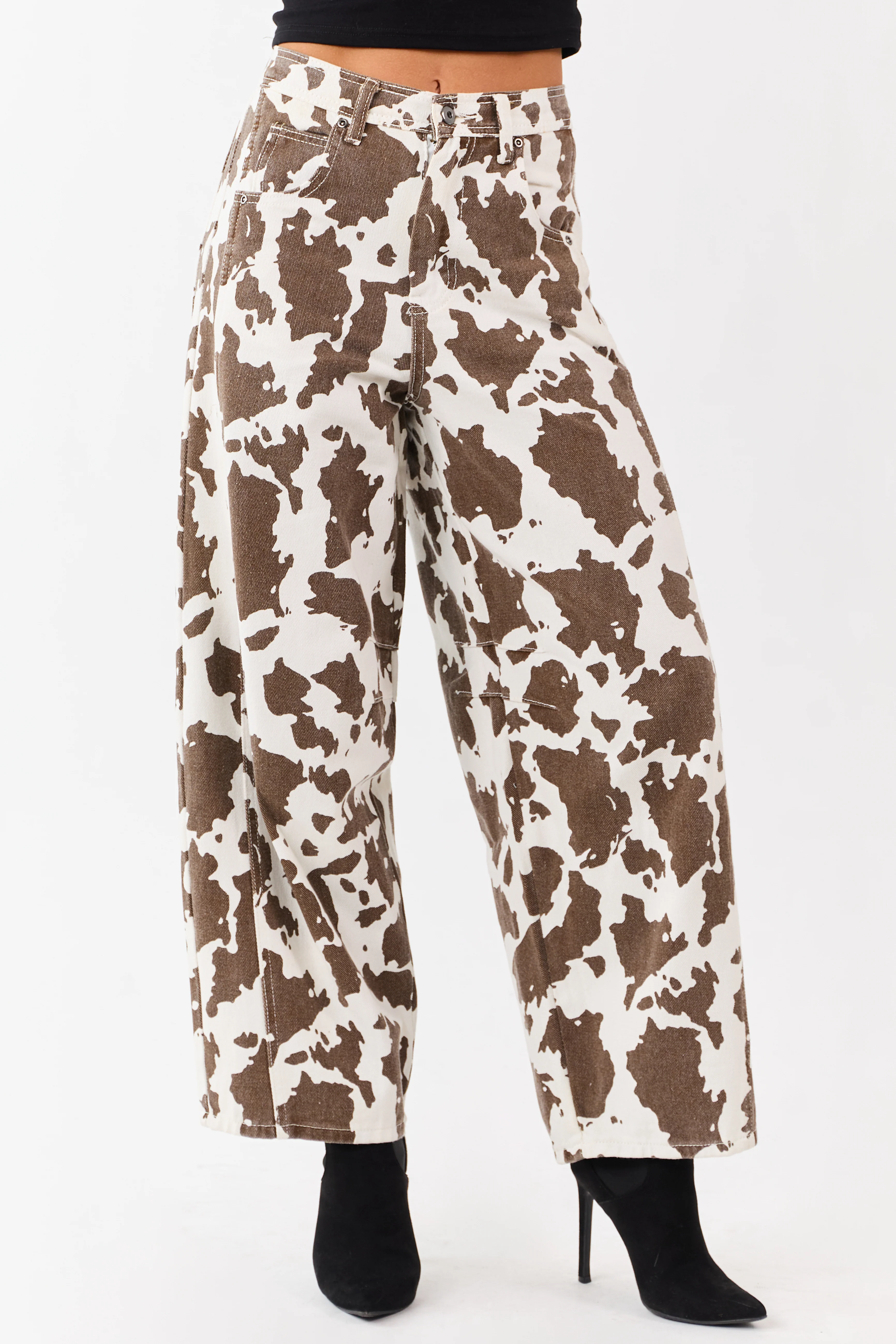 Ivory and Cocoa Washed Cow Print Barrel Jeans - Image 2