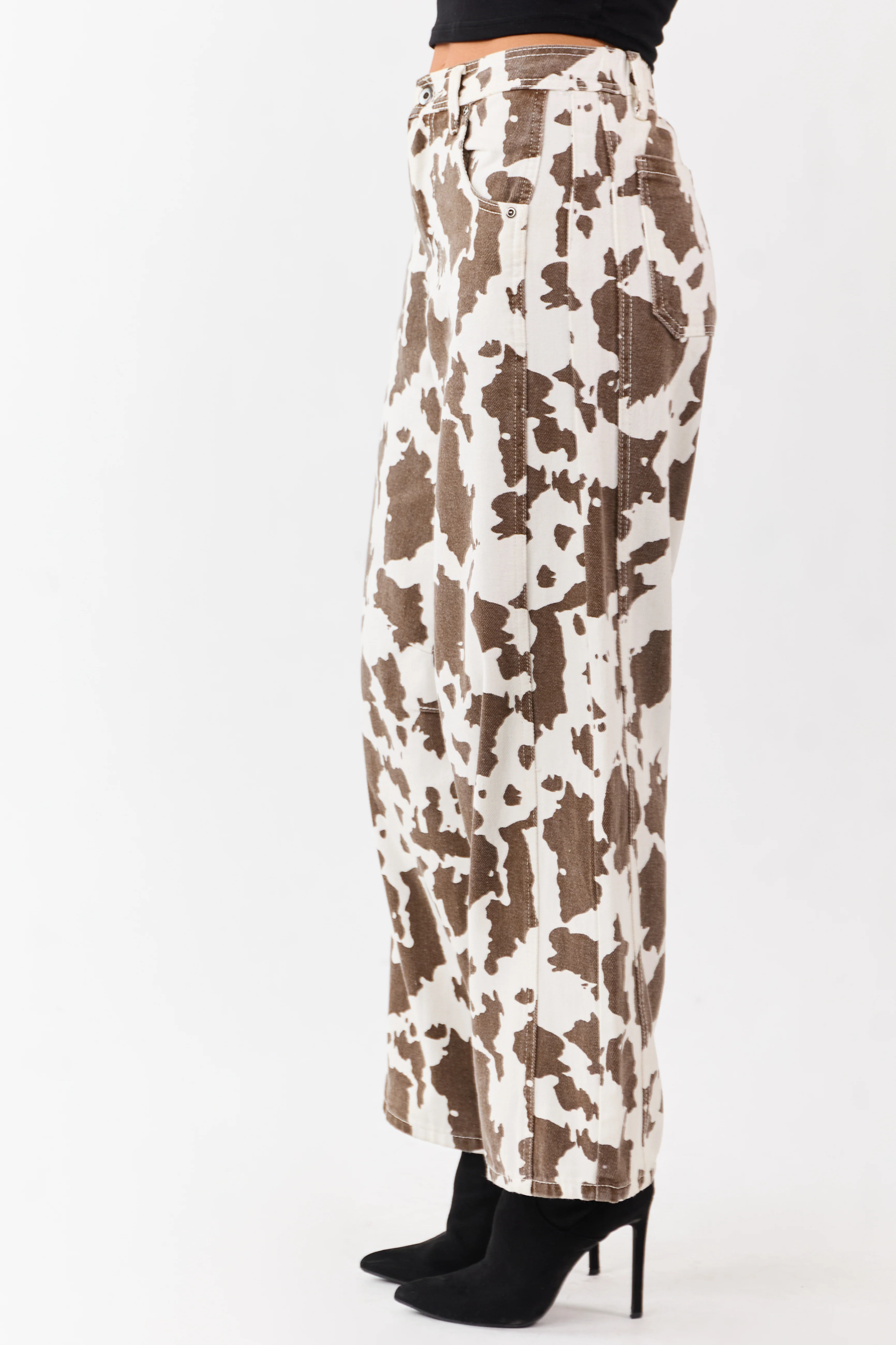 Ivory and Cocoa Washed Cow Print Barrel Jeans - Image 3