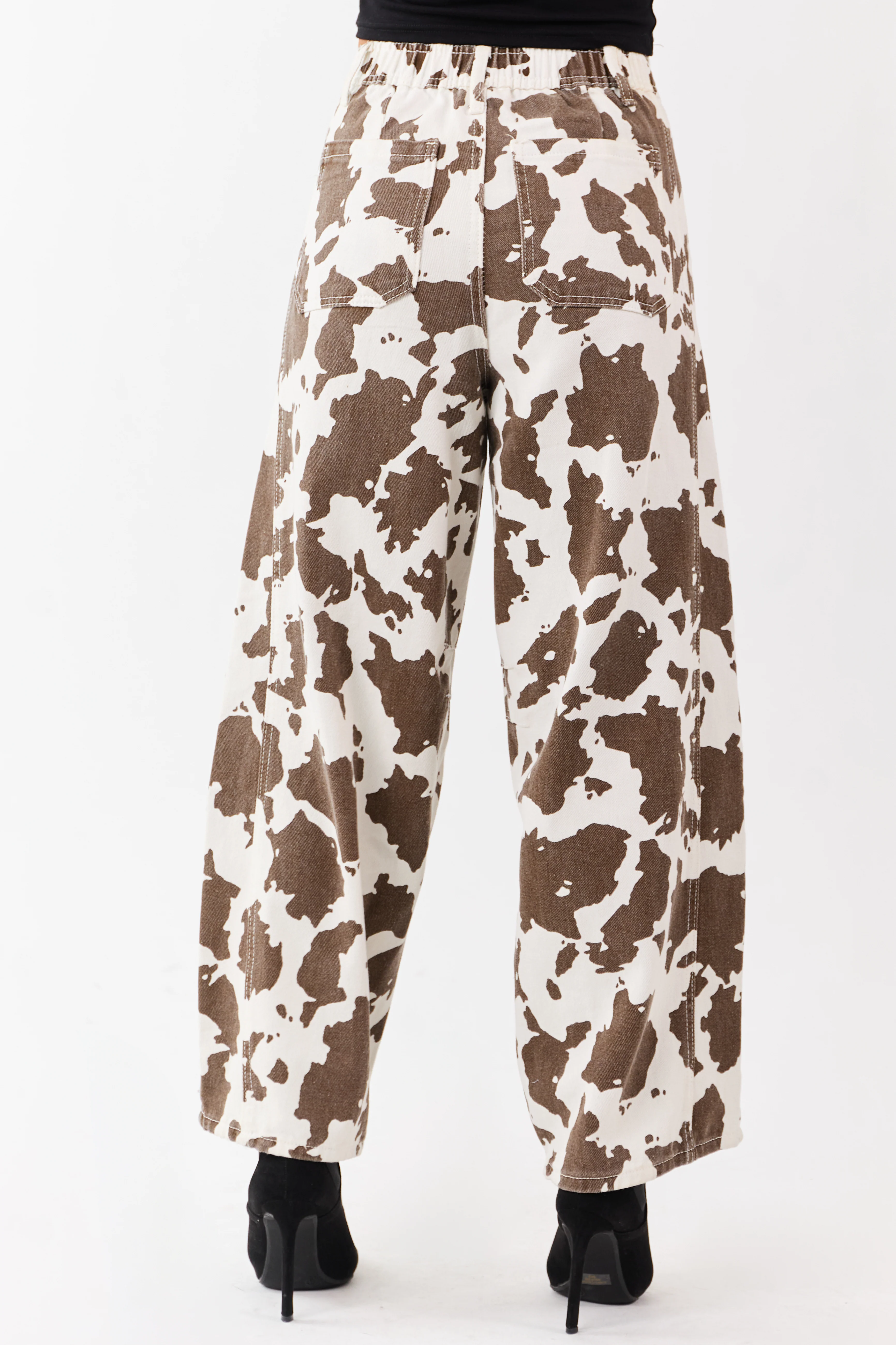 Ivory and Cocoa Washed Cow Print Barrel Jeans - Image 4