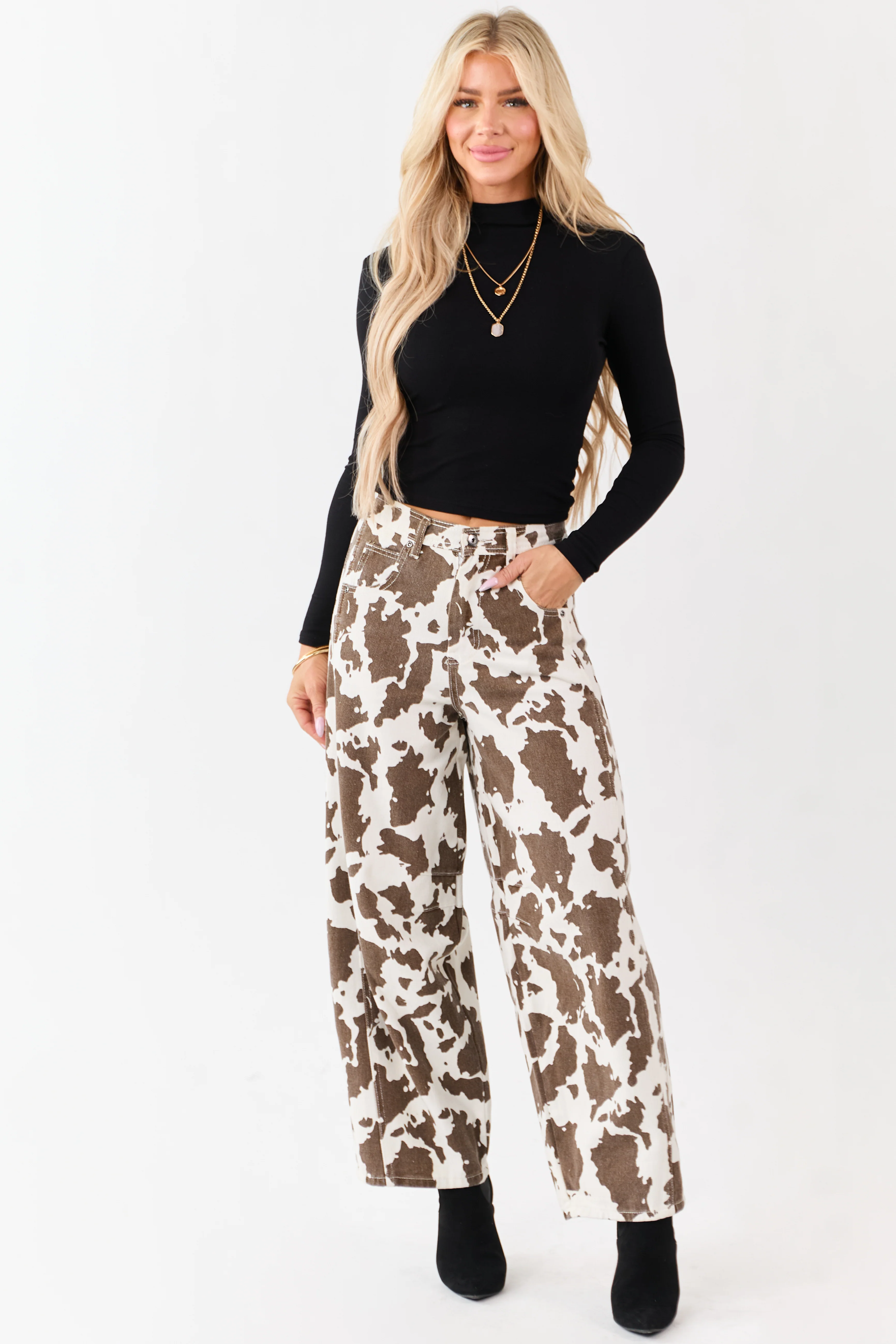 Ivory and Cocoa Washed Cow Print Barrel Jeans - Image 5