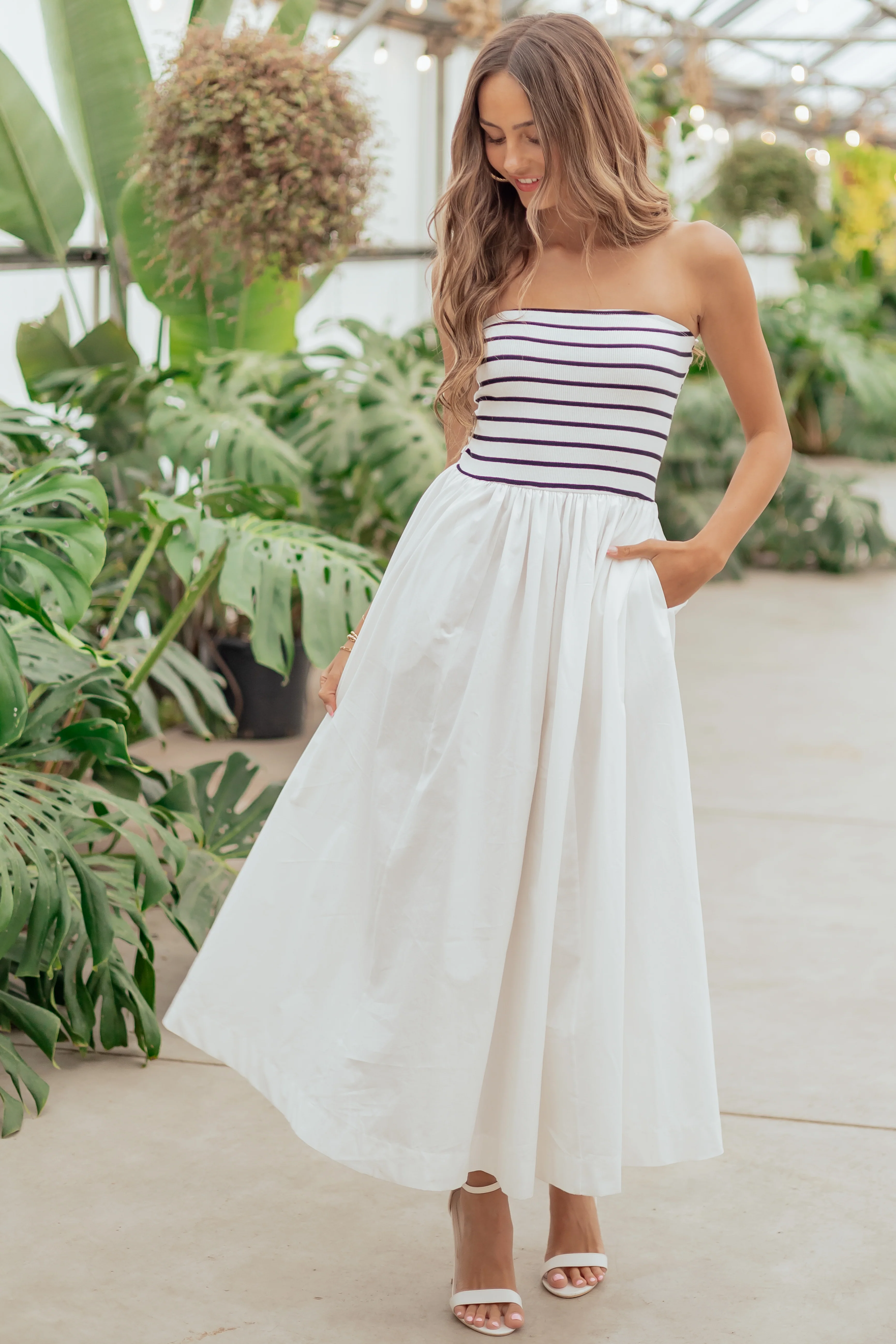 Ivory and Black Striped Strapless Cotton Maxi Dress - Image 2