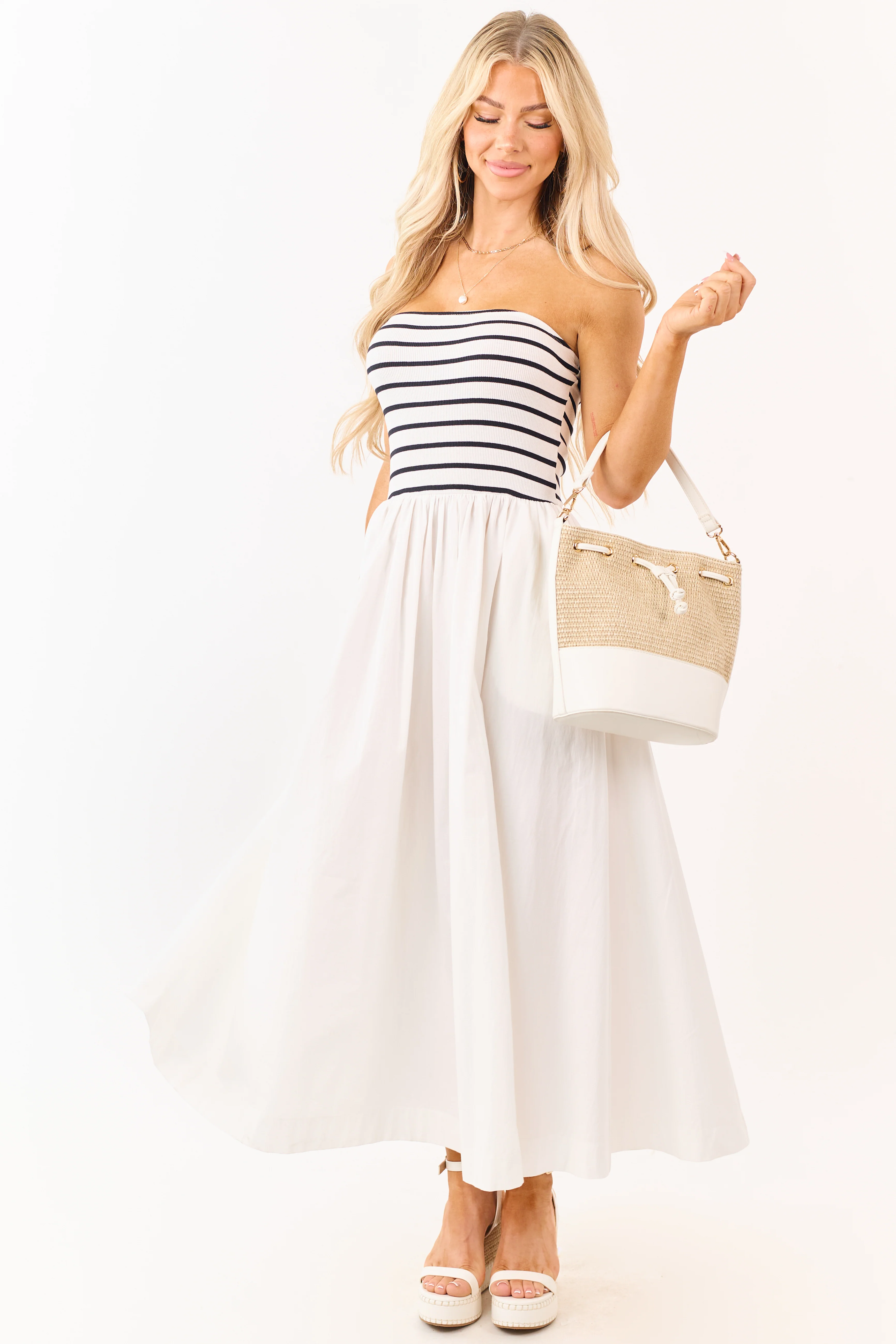 Ivory and Black Striped Strapless Cotton Maxi Dress - Image 4