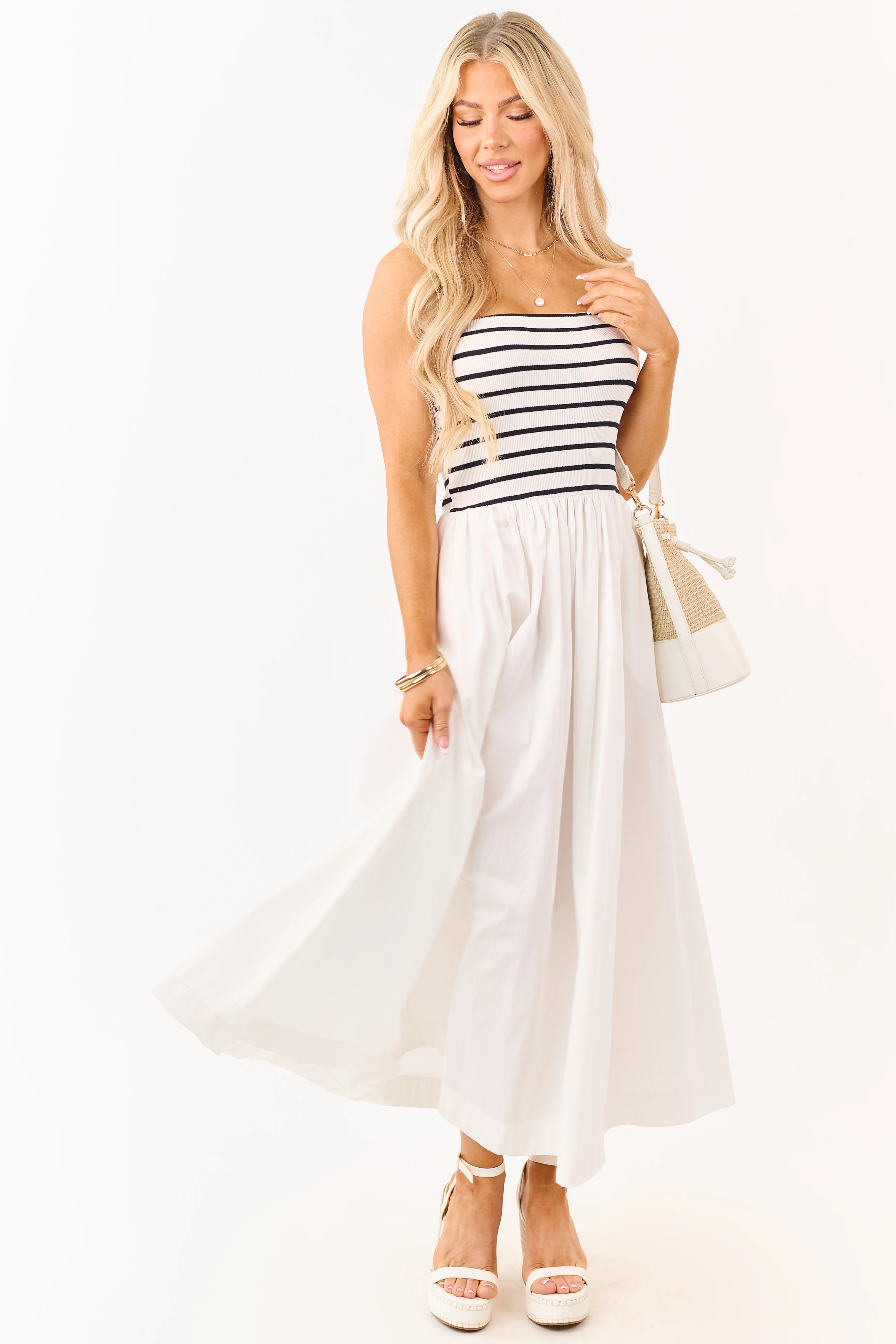 Ivory and Black Striped Strapless Cotton Maxi Dress - Image 5