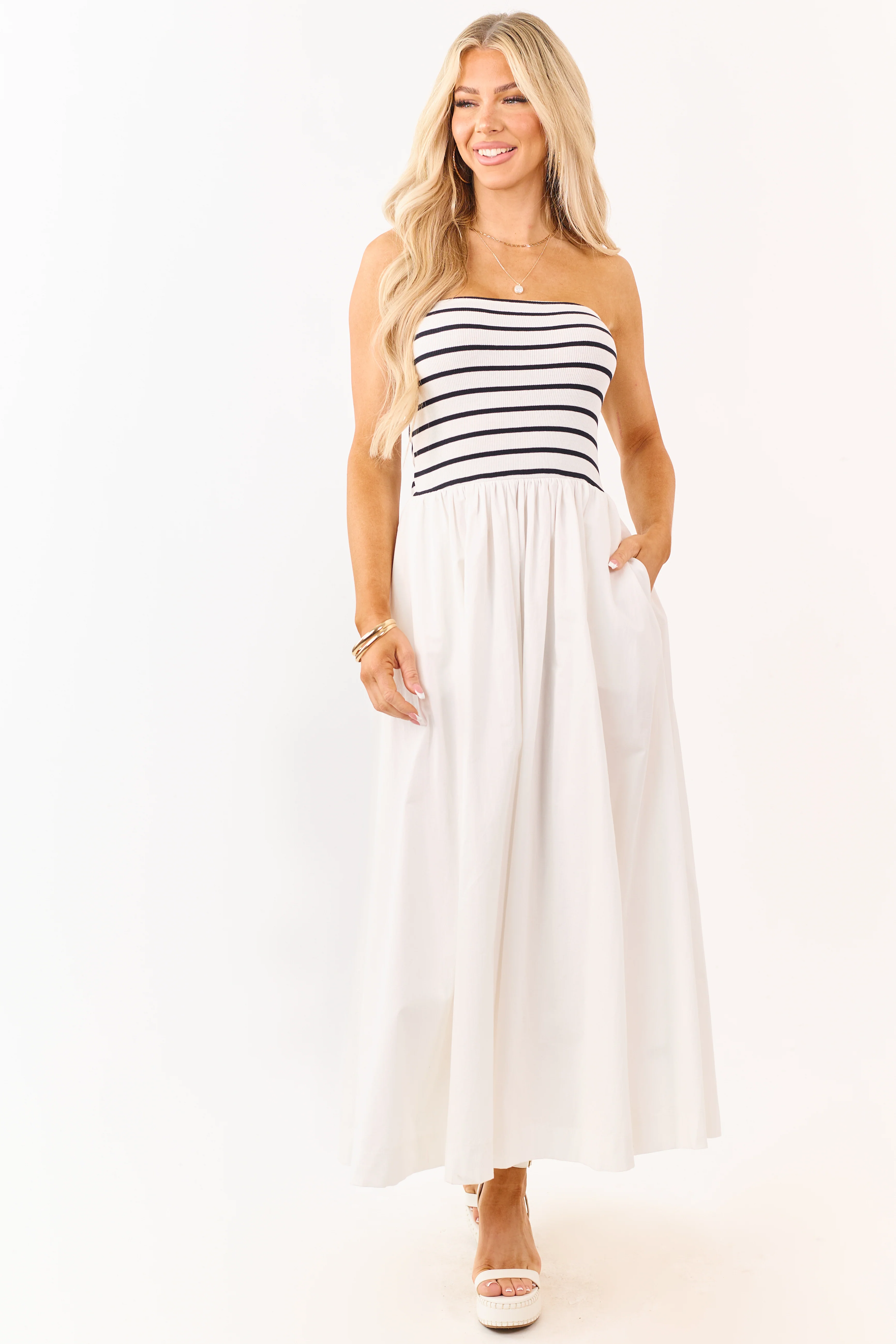 Ivory and Black Striped Strapless Cotton Maxi Dress - Image 6