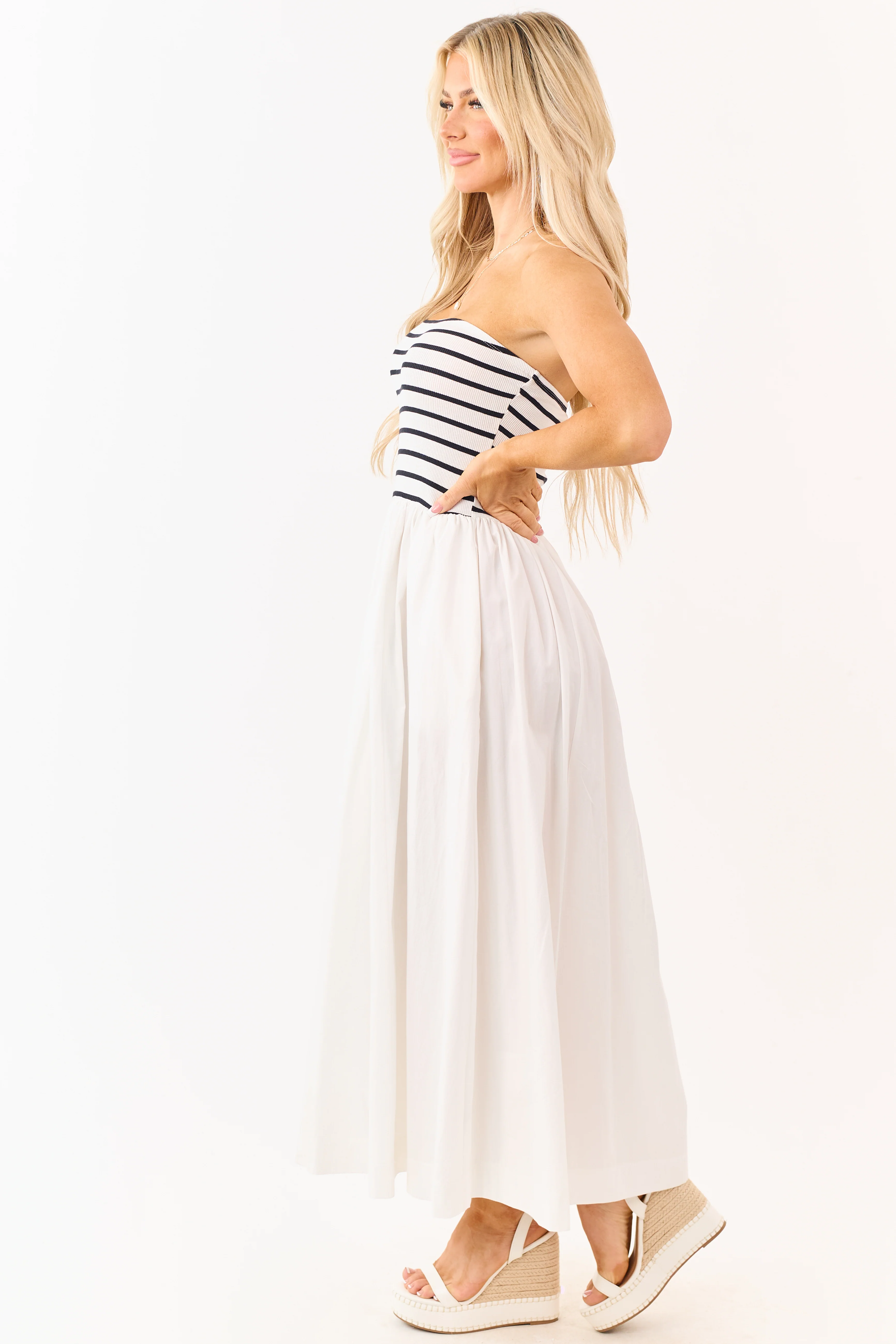 Ivory and Black Striped Strapless Cotton Maxi Dress - Image 7