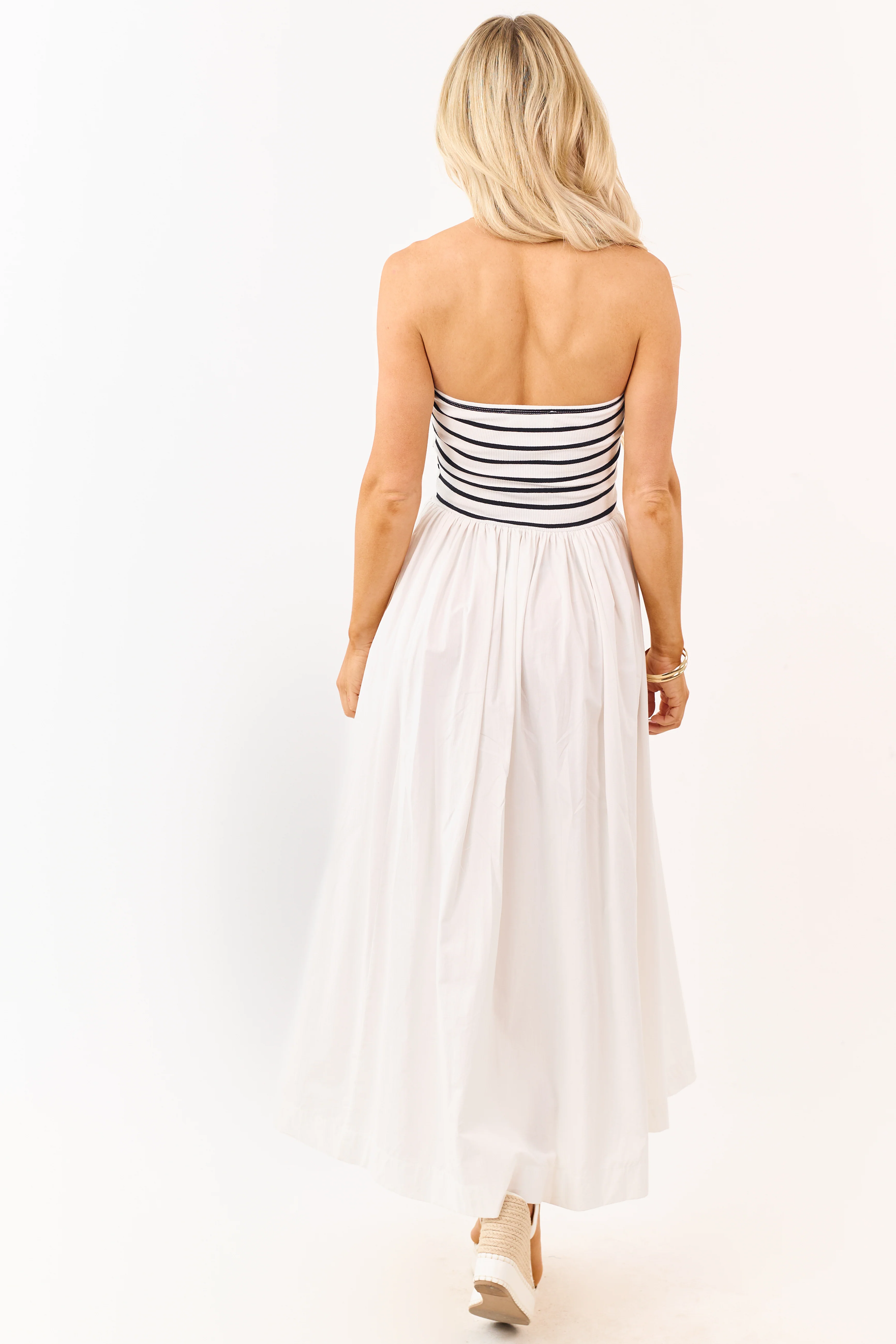 Ivory and Black Striped Strapless Cotton Maxi Dress - Image 8