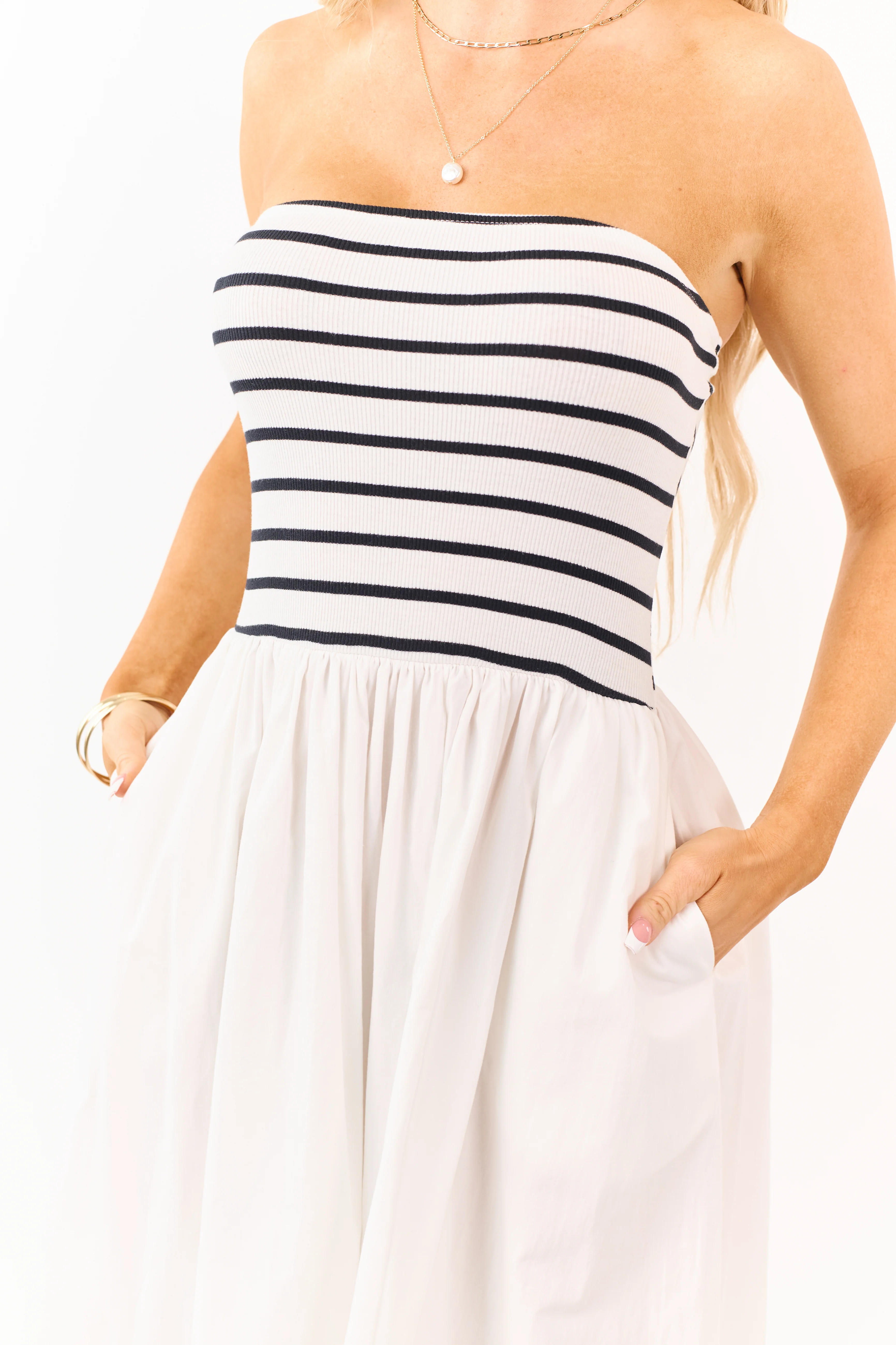 Ivory and Black Striped Strapless Cotton Maxi Dress - Image 9
