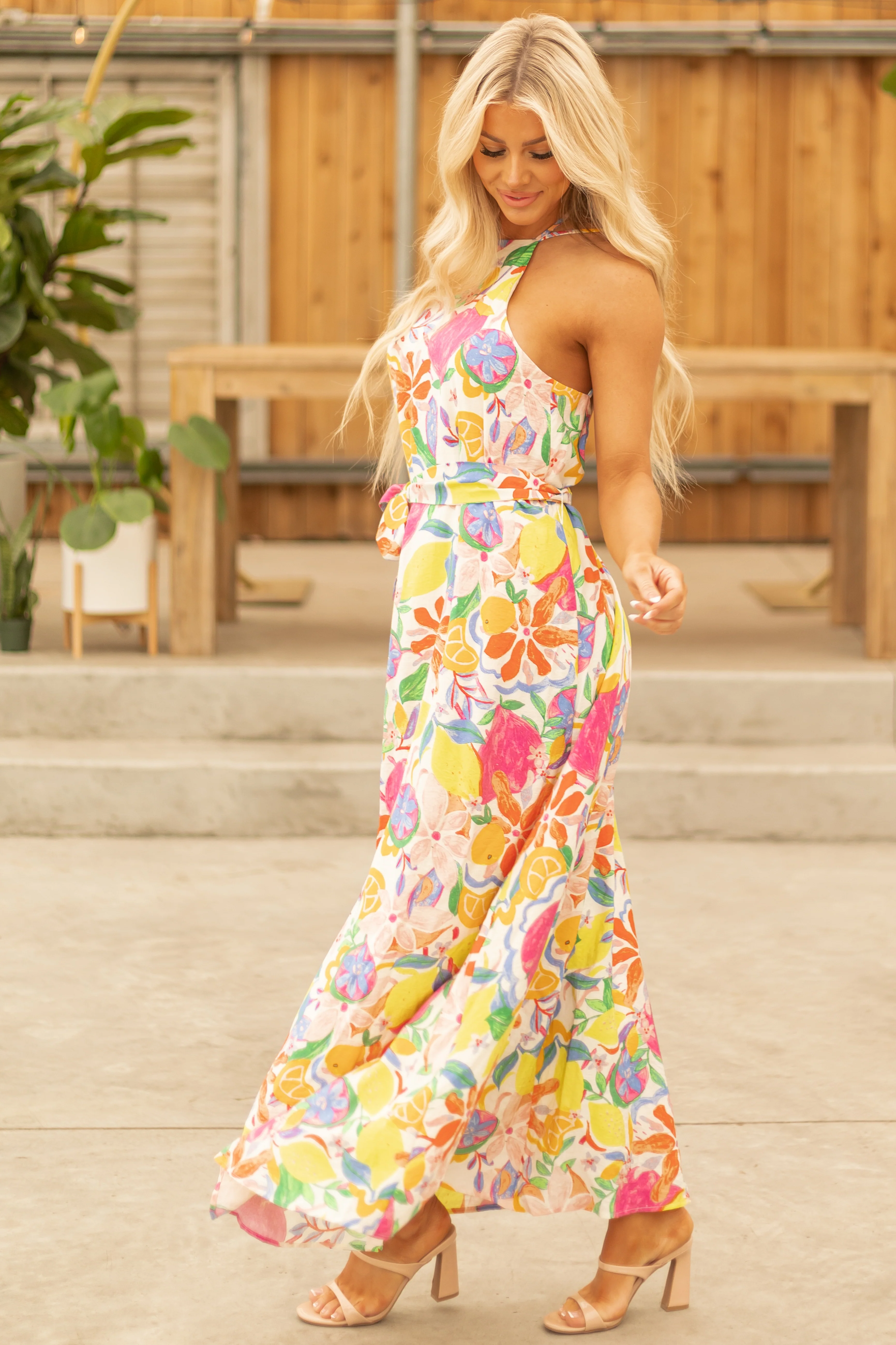 Ivory Colorful Floral and Fruit Print Maxi Dress - Image 2