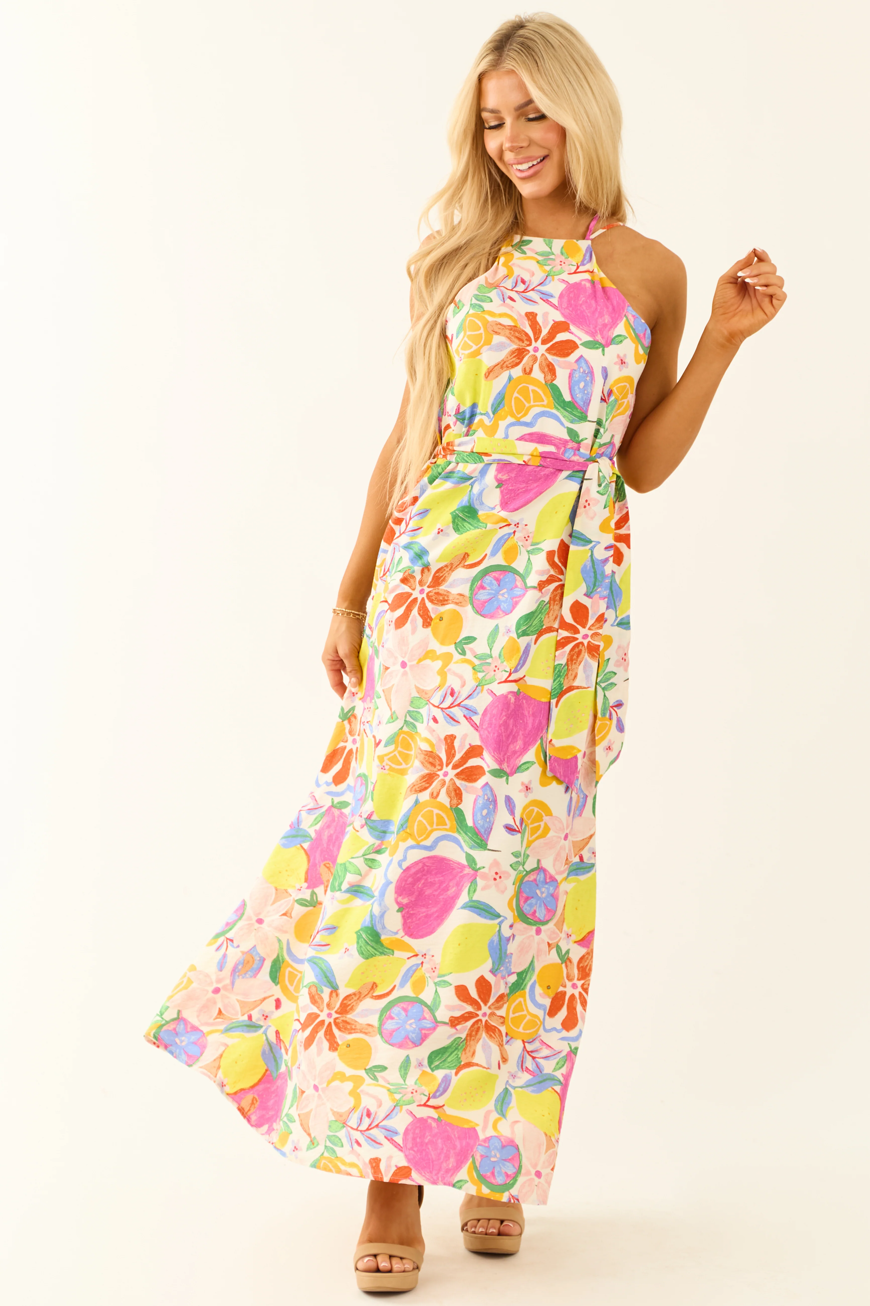 Ivory Colorful Floral and Fruit Print Maxi Dress - Image 3