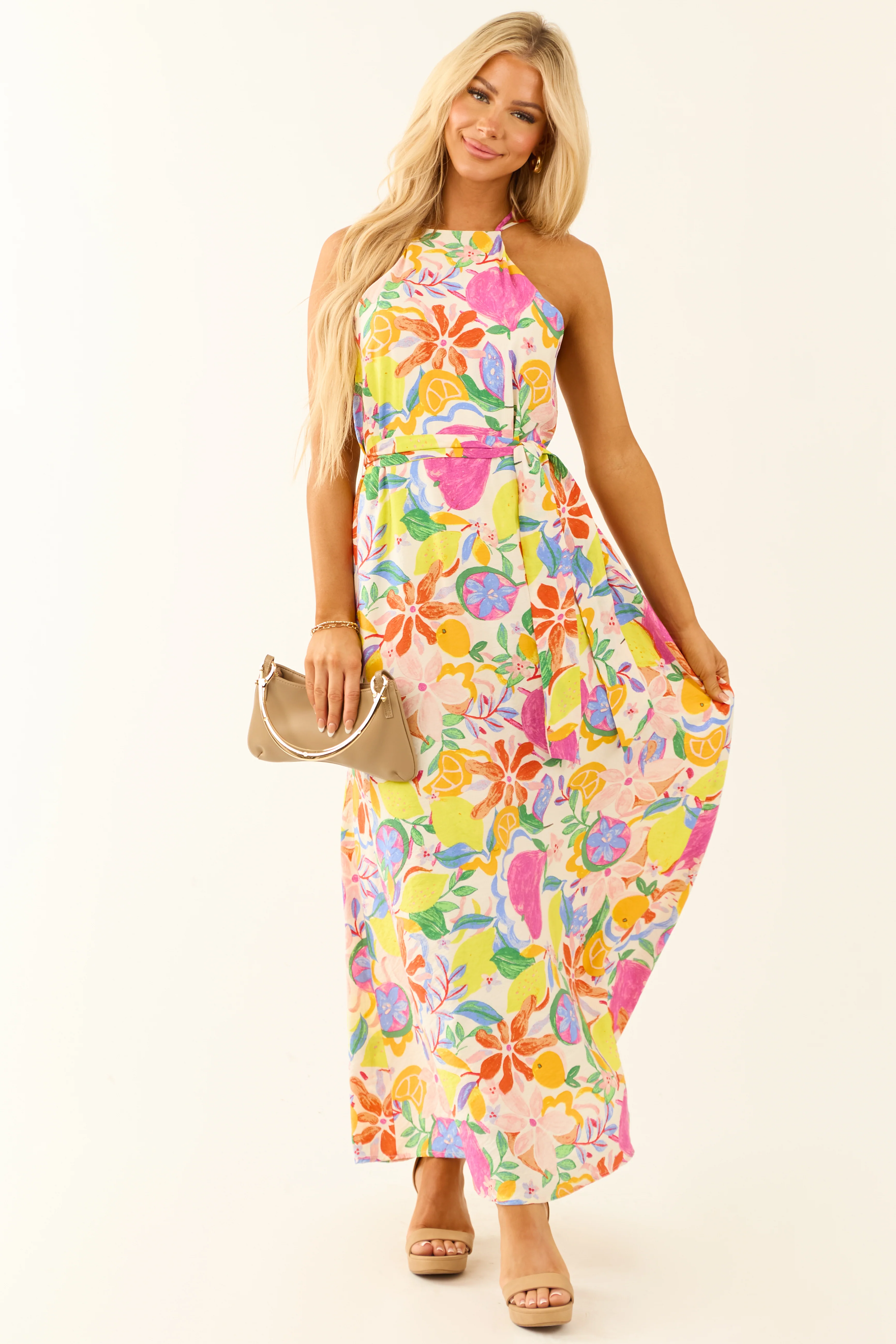 Ivory Colorful Floral and Fruit Print Maxi Dress - Image 4