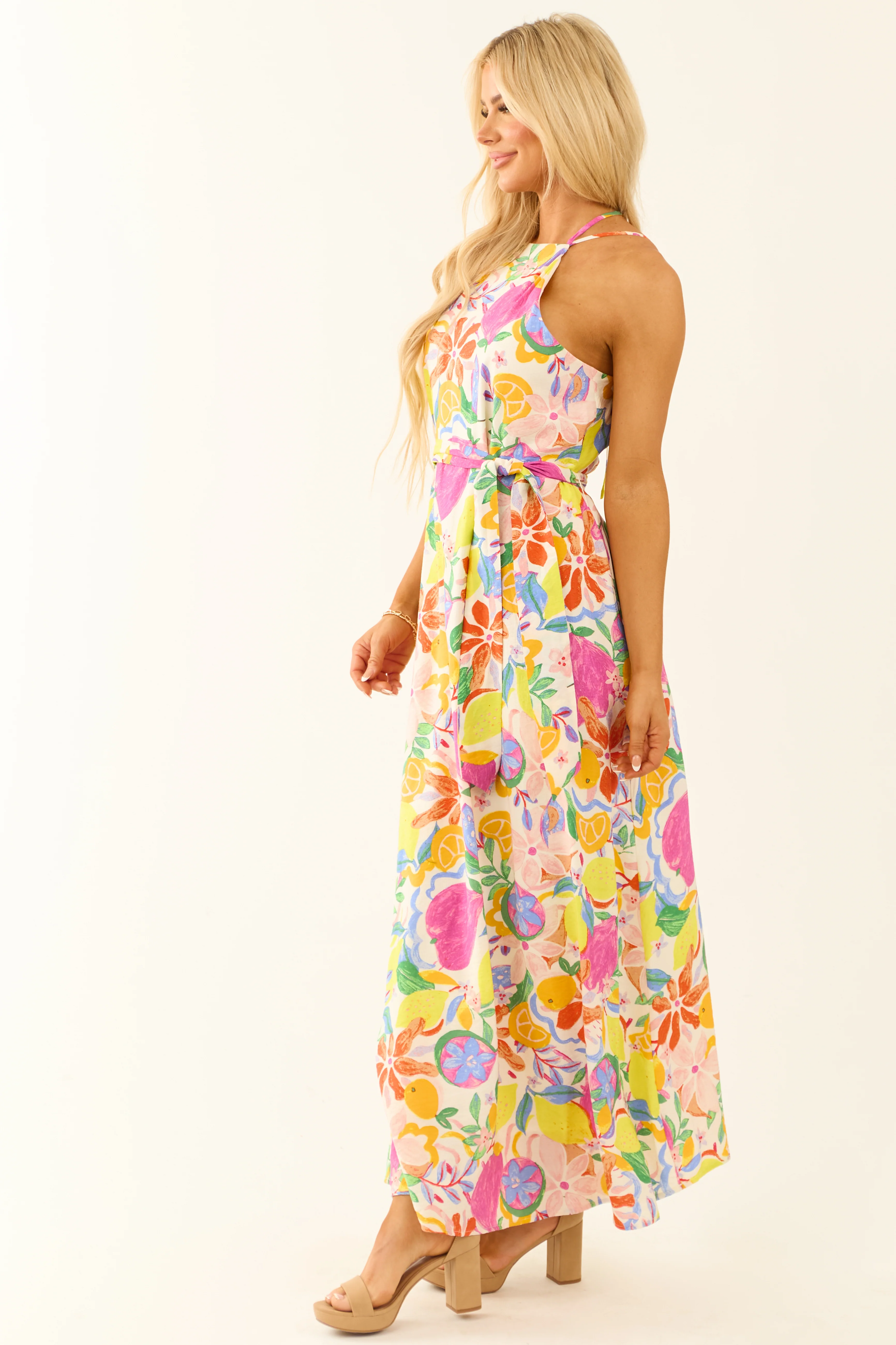 Ivory Colorful Floral and Fruit Print Maxi Dress - Image 5
