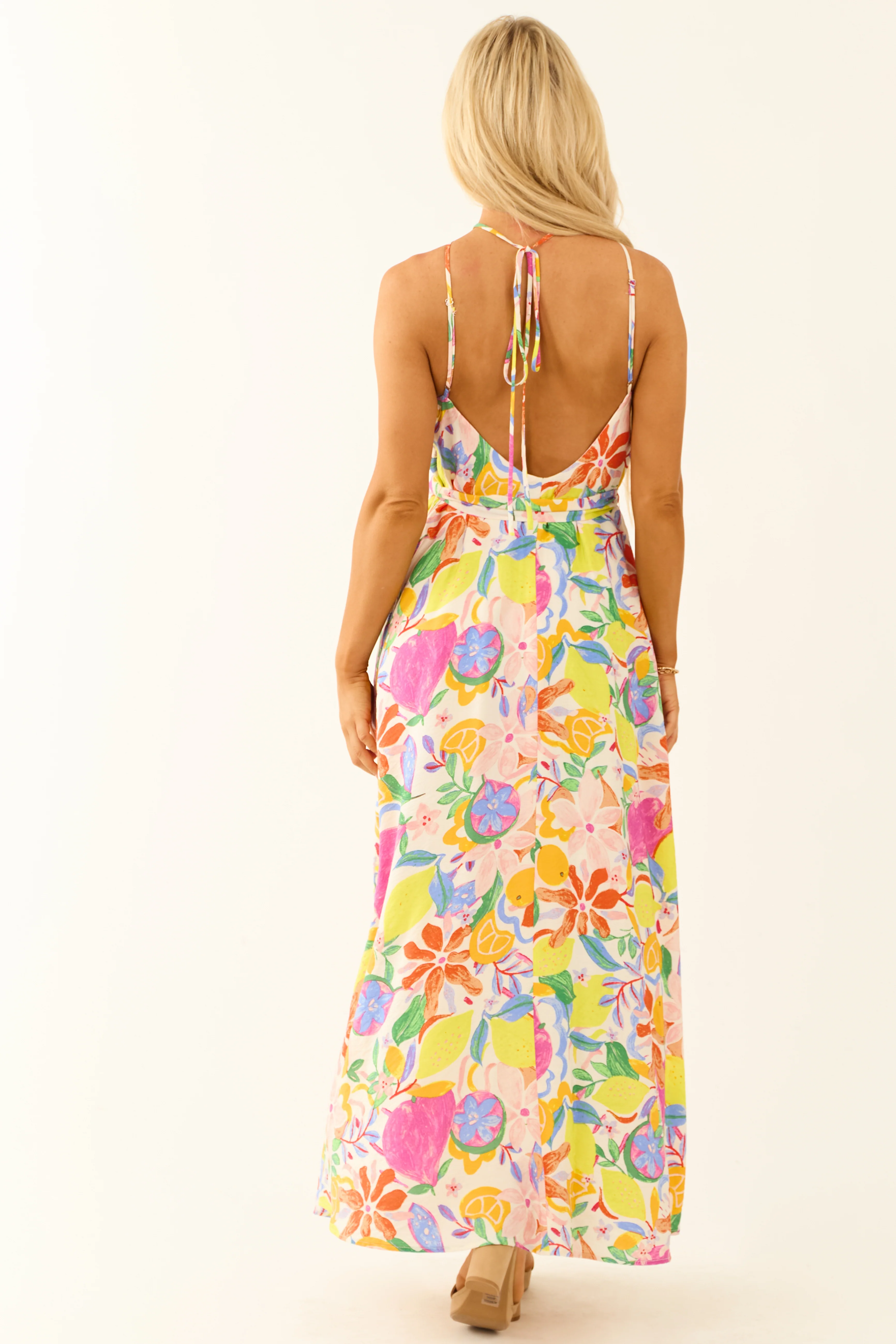Ivory Colorful Floral and Fruit Print Maxi Dress - Image 6