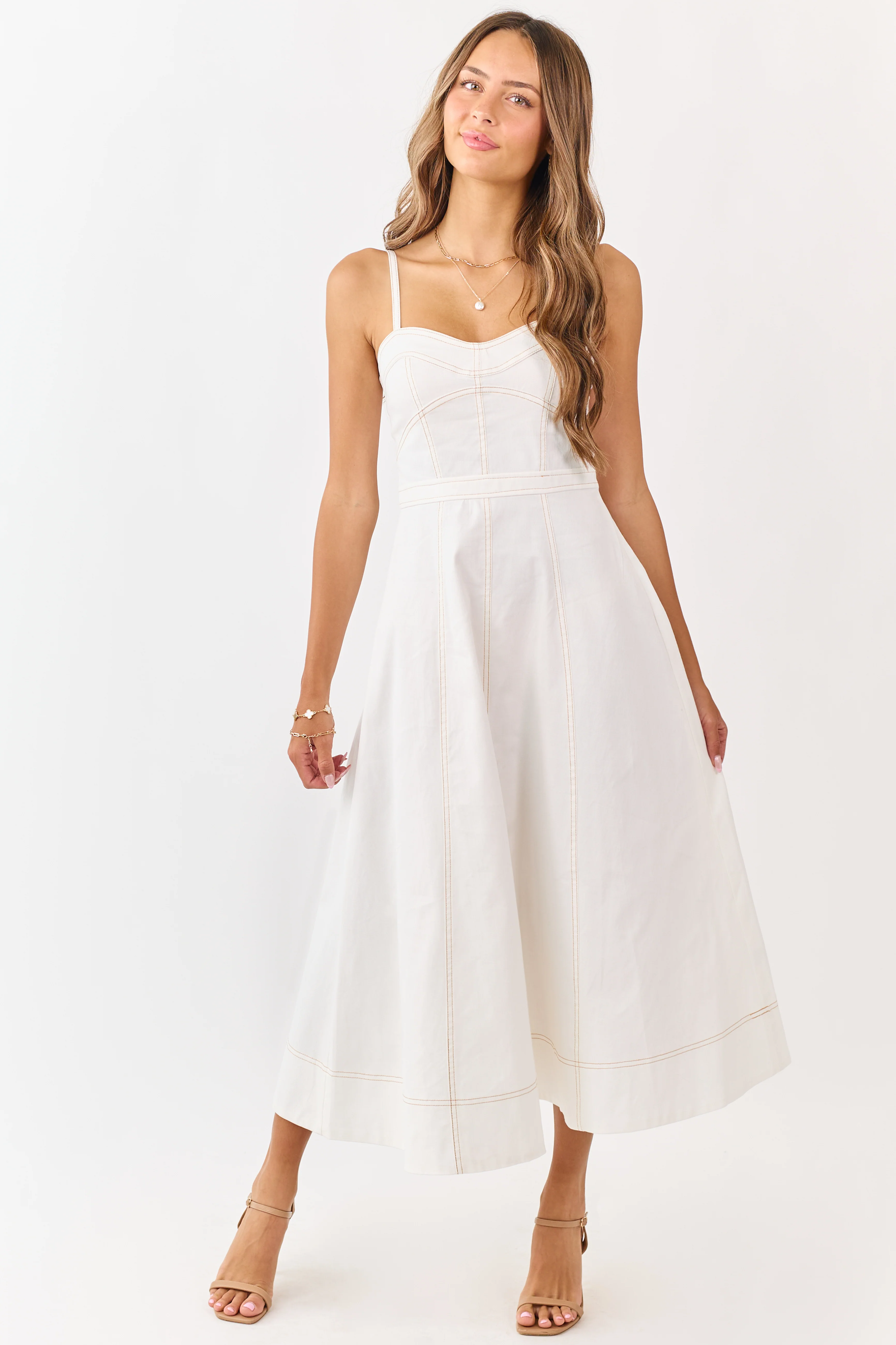 Ivory Contrast Stitch Denim A-Line Midi Dress - Image 3