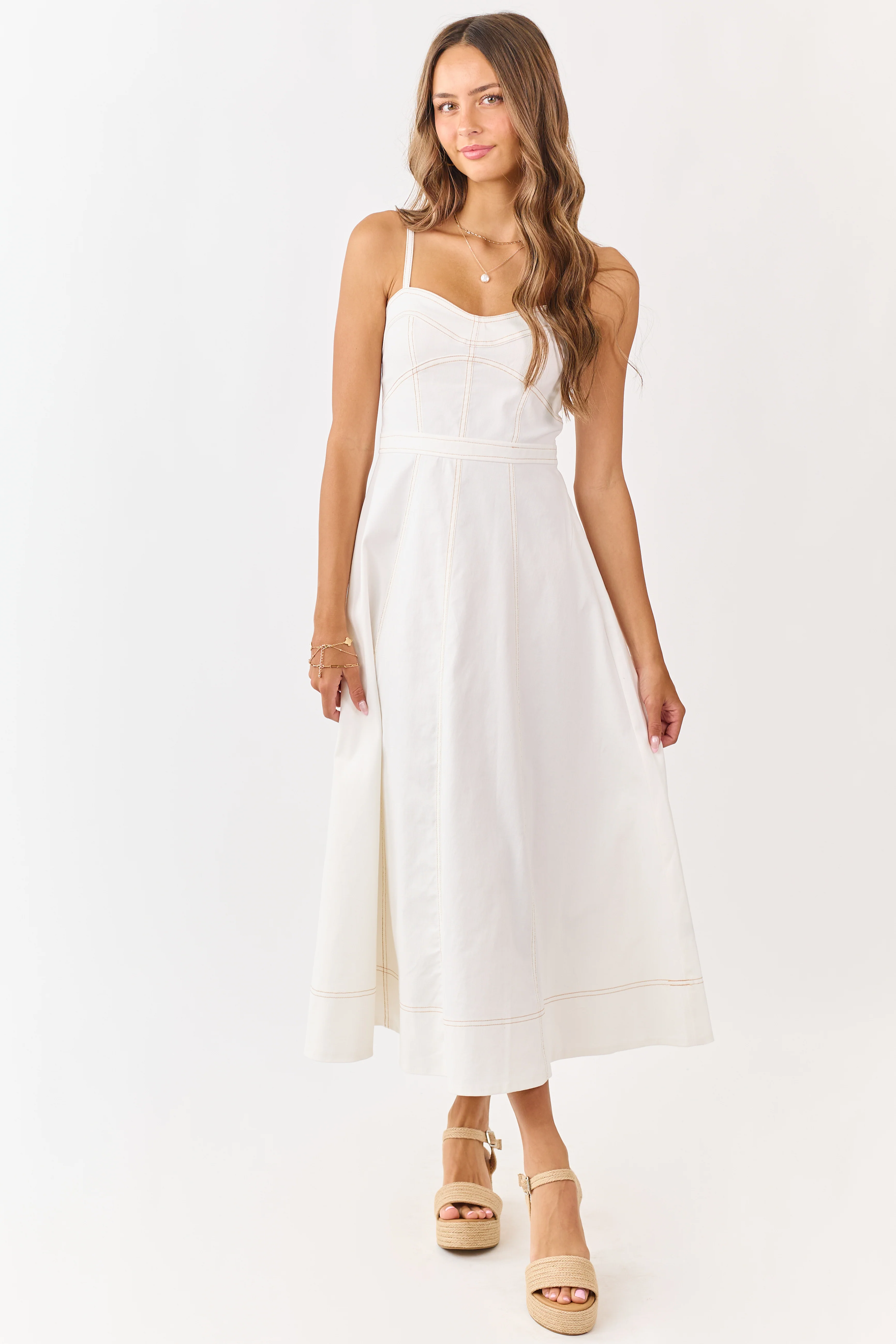 Ivory Contrast Stitch Denim A-Line Midi Dress - Image 4