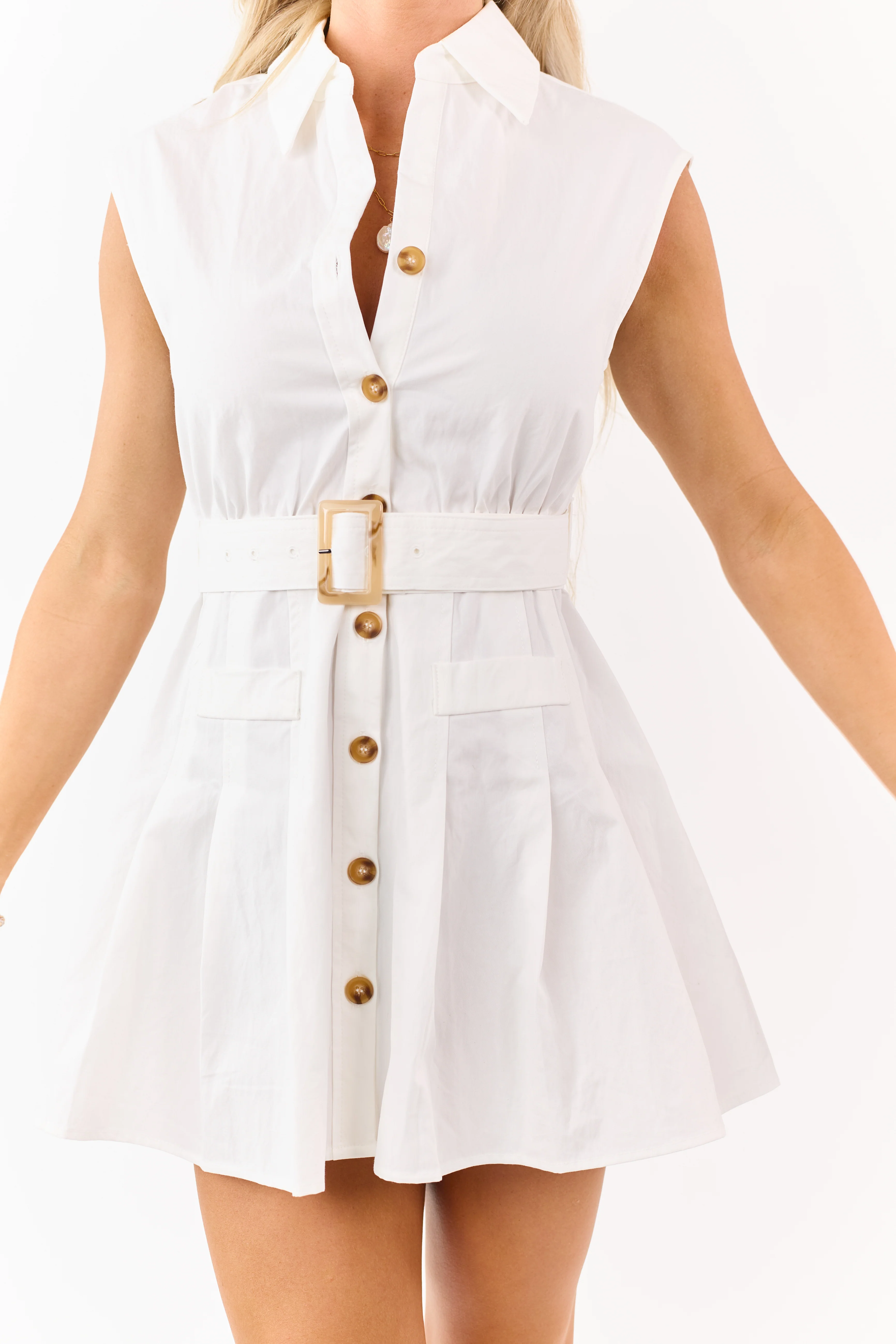 Ivory Cotton Belted Button Down Mini Shirt Dress - Image 6