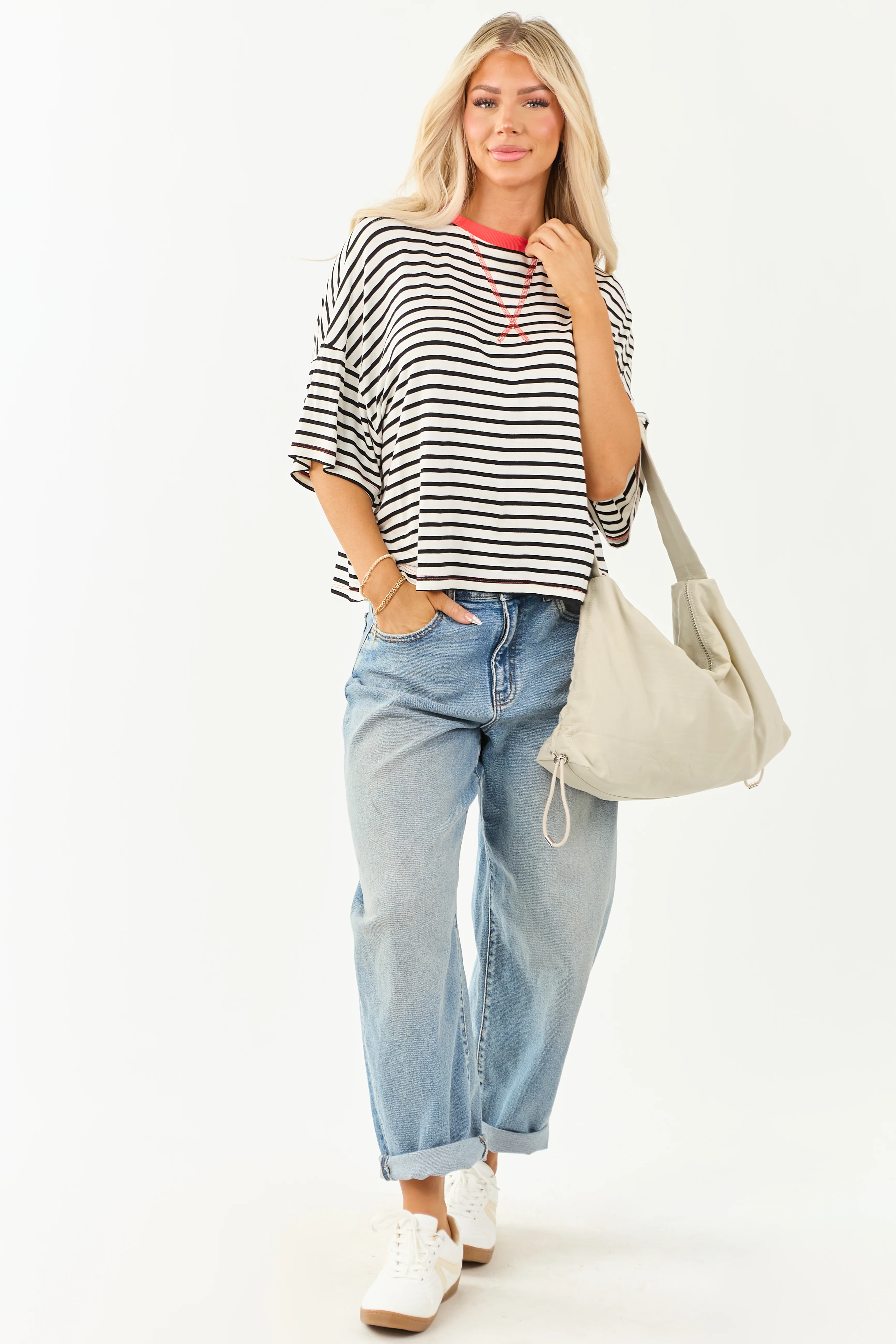 Ivory and Crimson Striped Half Sleeve Top - Image 3