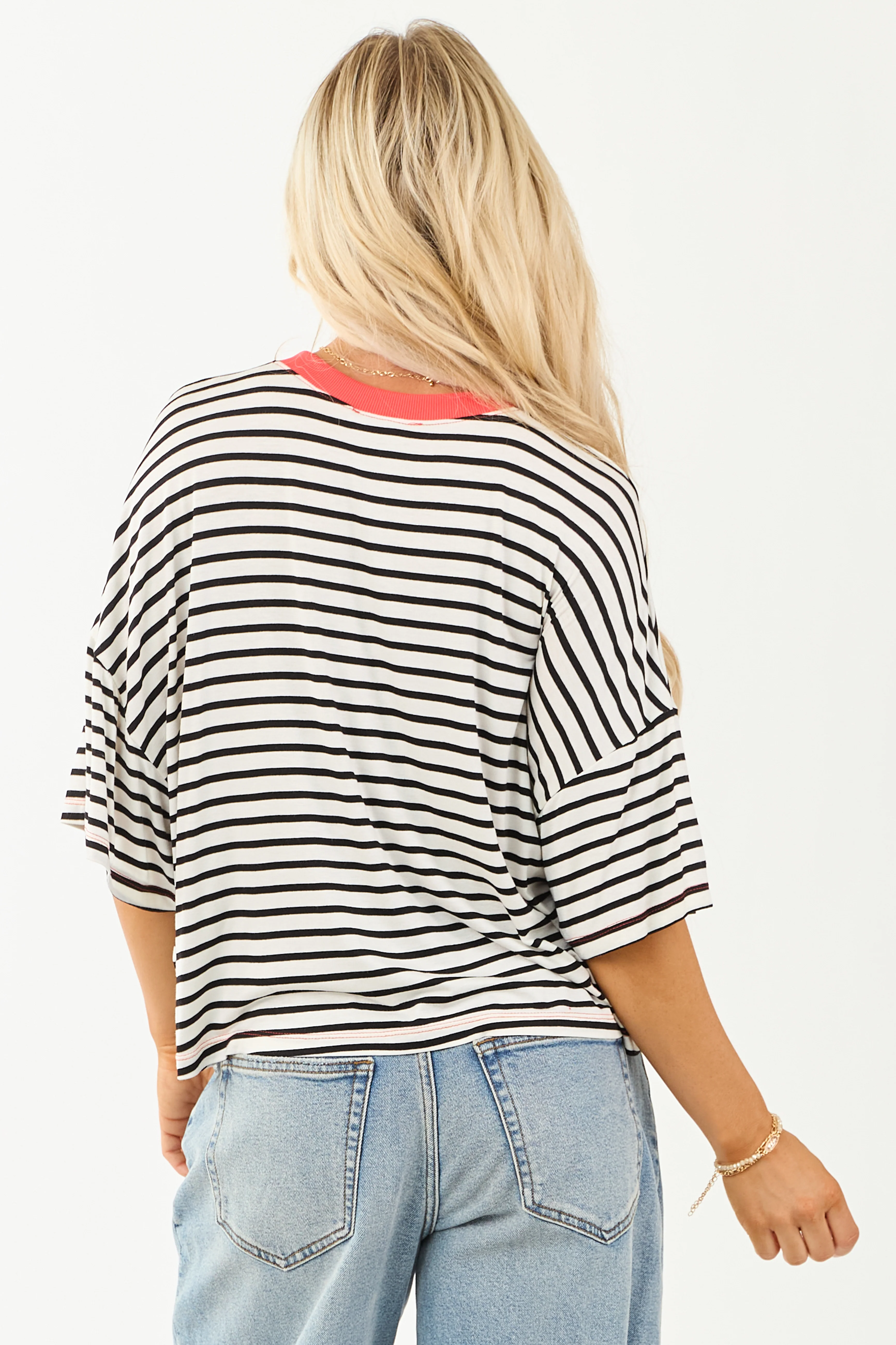Ivory and Crimson Striped Half Sleeve Top - Image 5