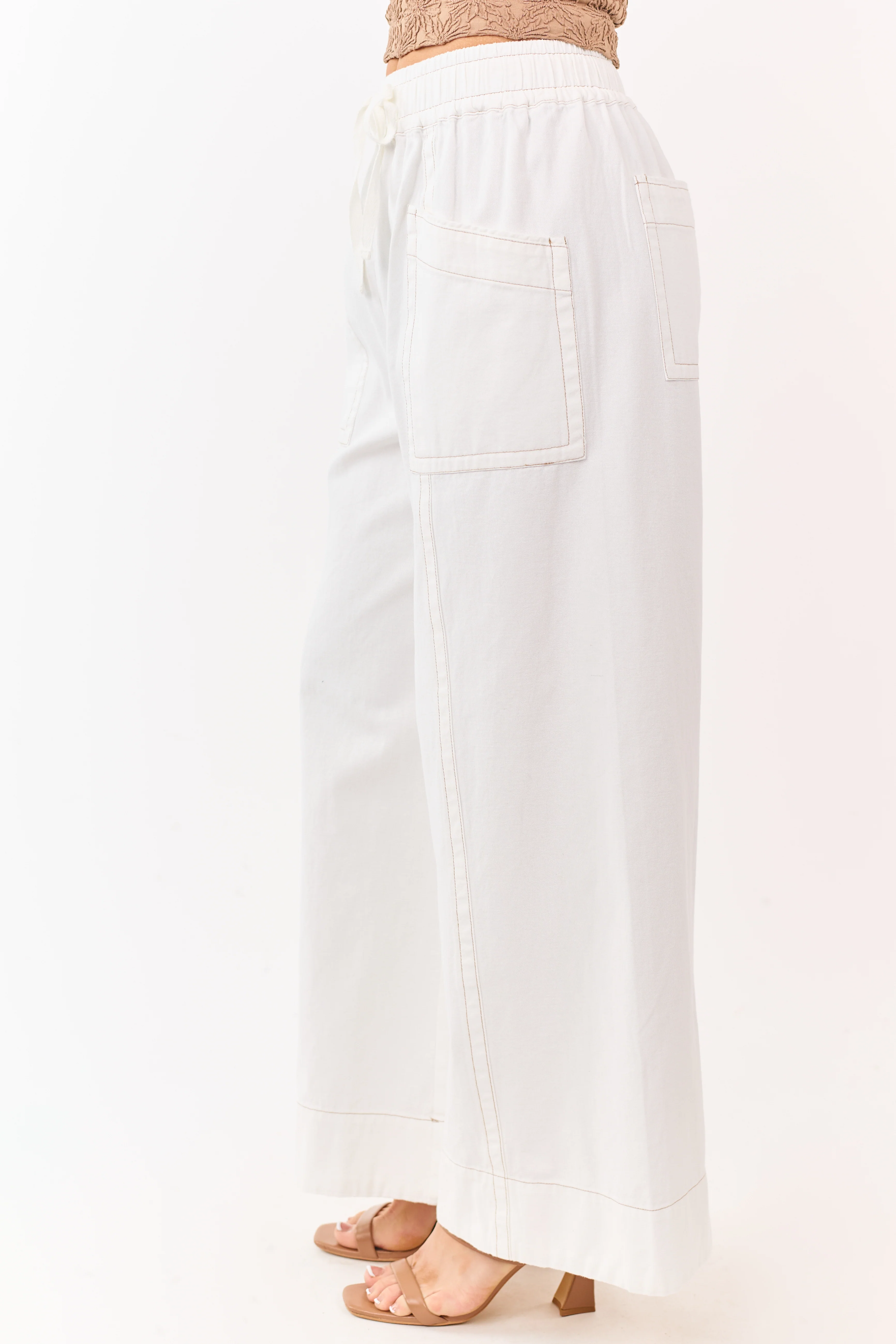 Ivory Elastic Drawstring Waist Wide Leg Twill Pants - Image 3
