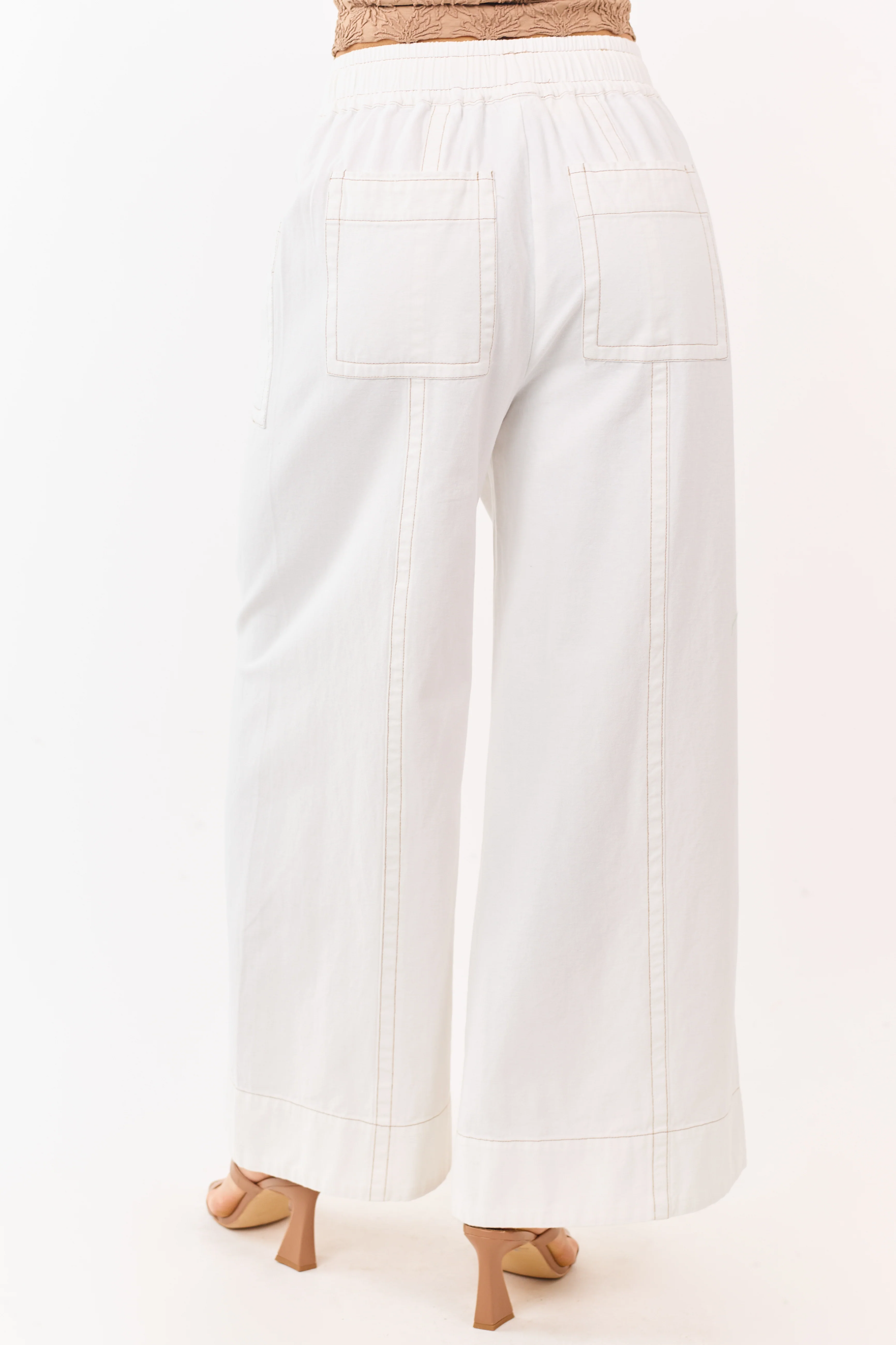 Ivory Elastic Drawstring Waist Wide Leg Twill Pants - Image 4
