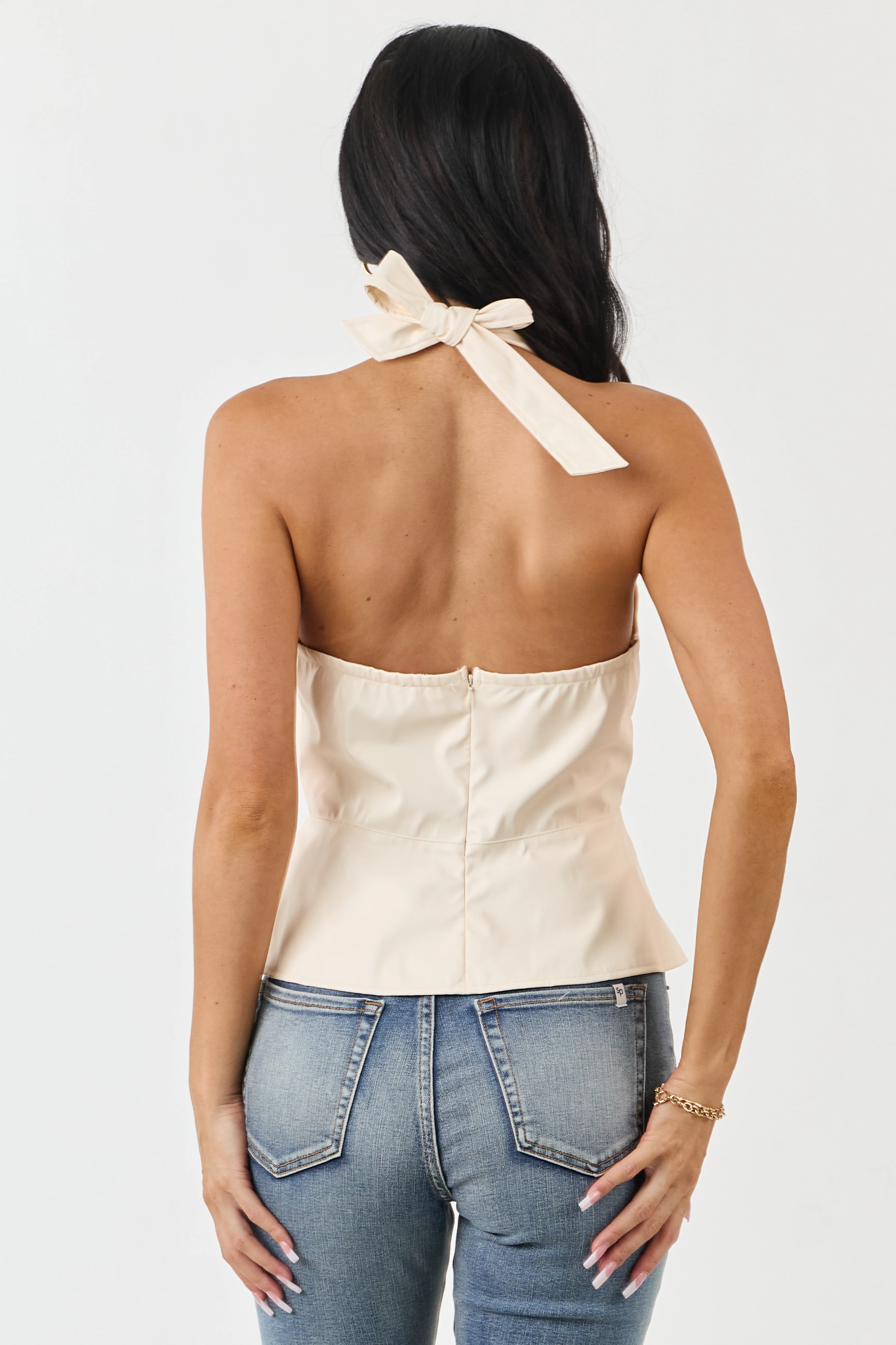 Ivory Faux Leather Halter Neck Peplum Top - Image 6