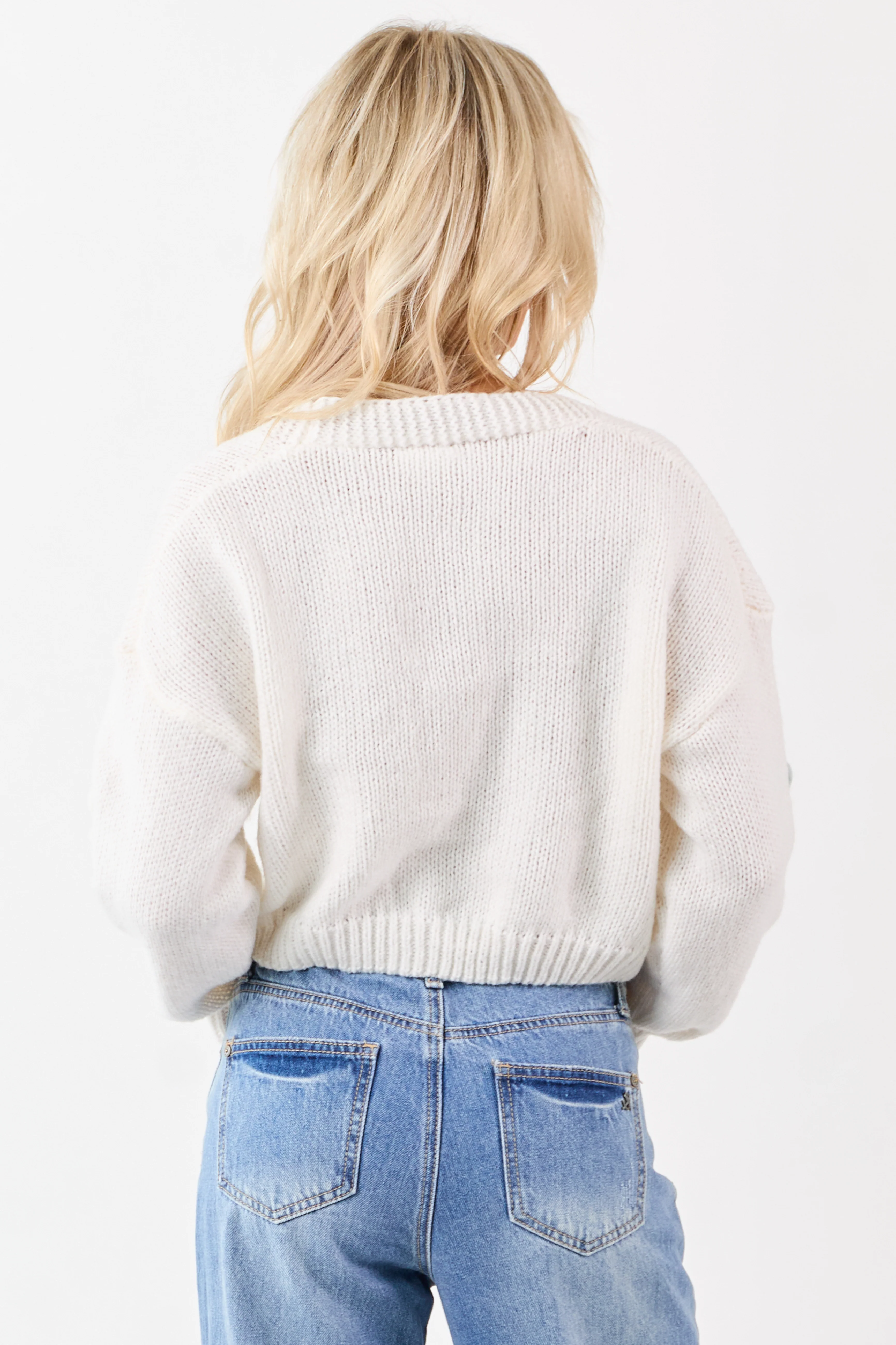 Ivory Floral Patch Button Down Cropped Cardigan - Image 5