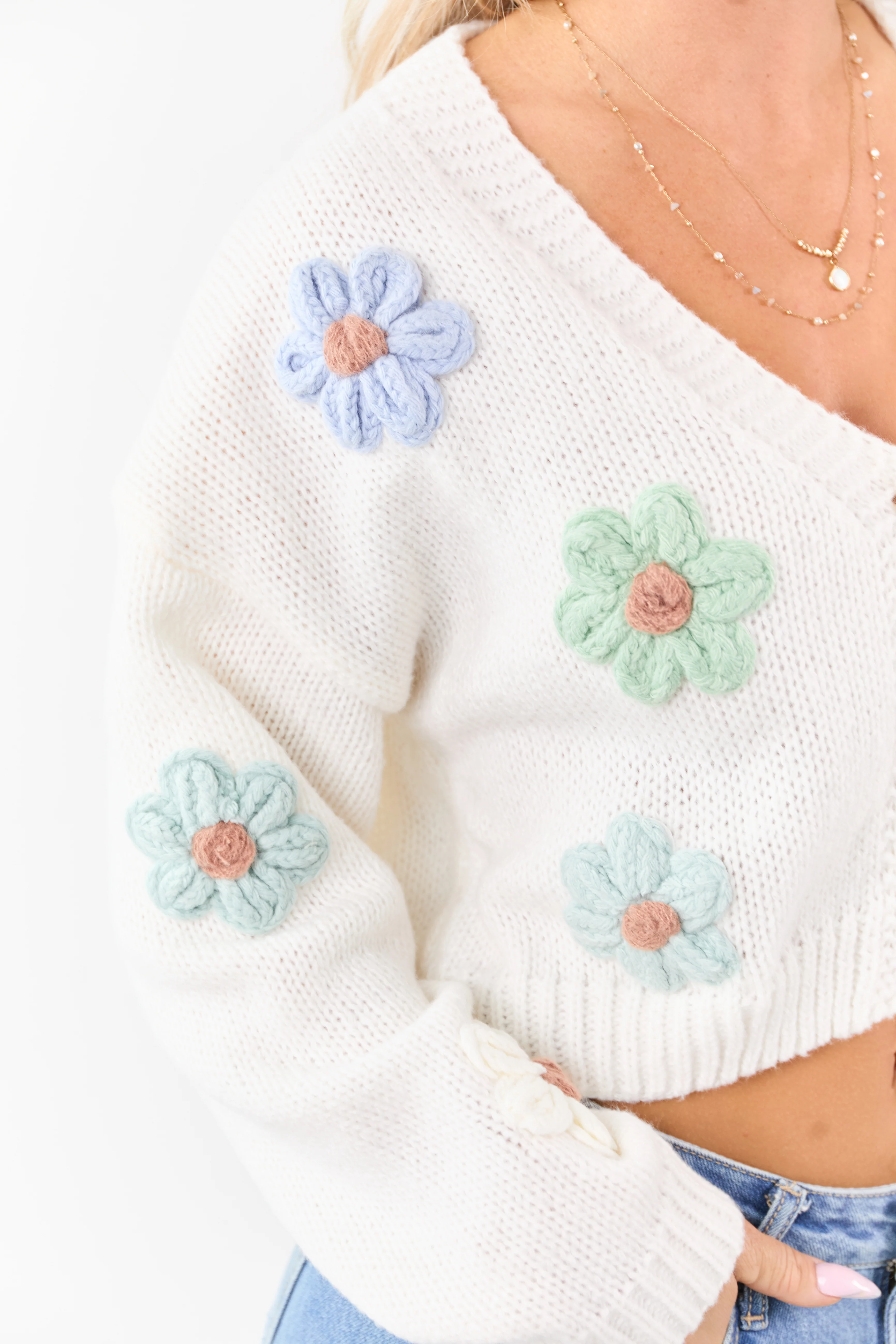 Ivory Floral Patch Button Down Cropped Cardigan - Image 6