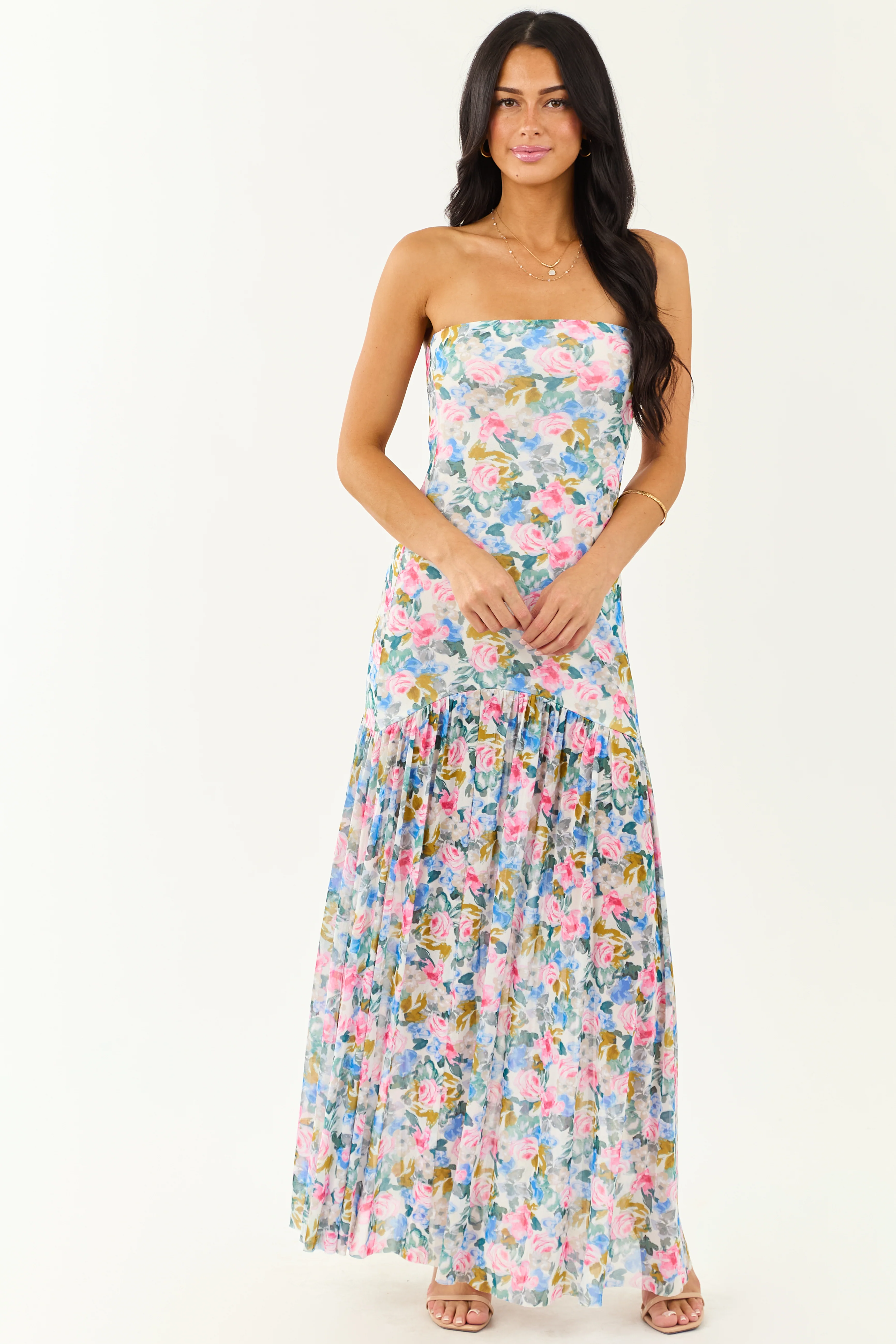 Ivory Floral Print Front Slit Mesh Maxi Dress - Image 3