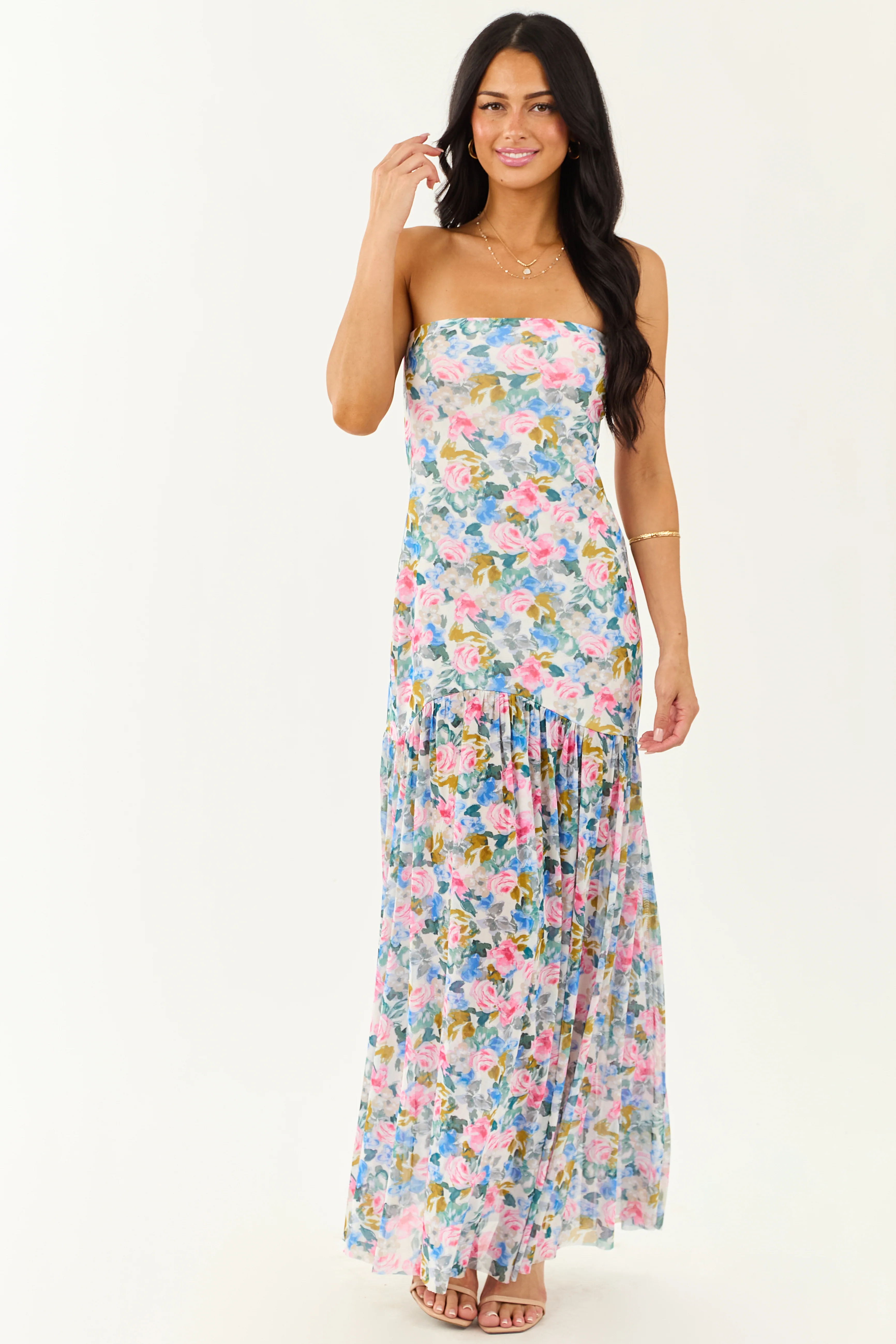 Ivory Floral Print Front Slit Mesh Maxi Dress - Image 4