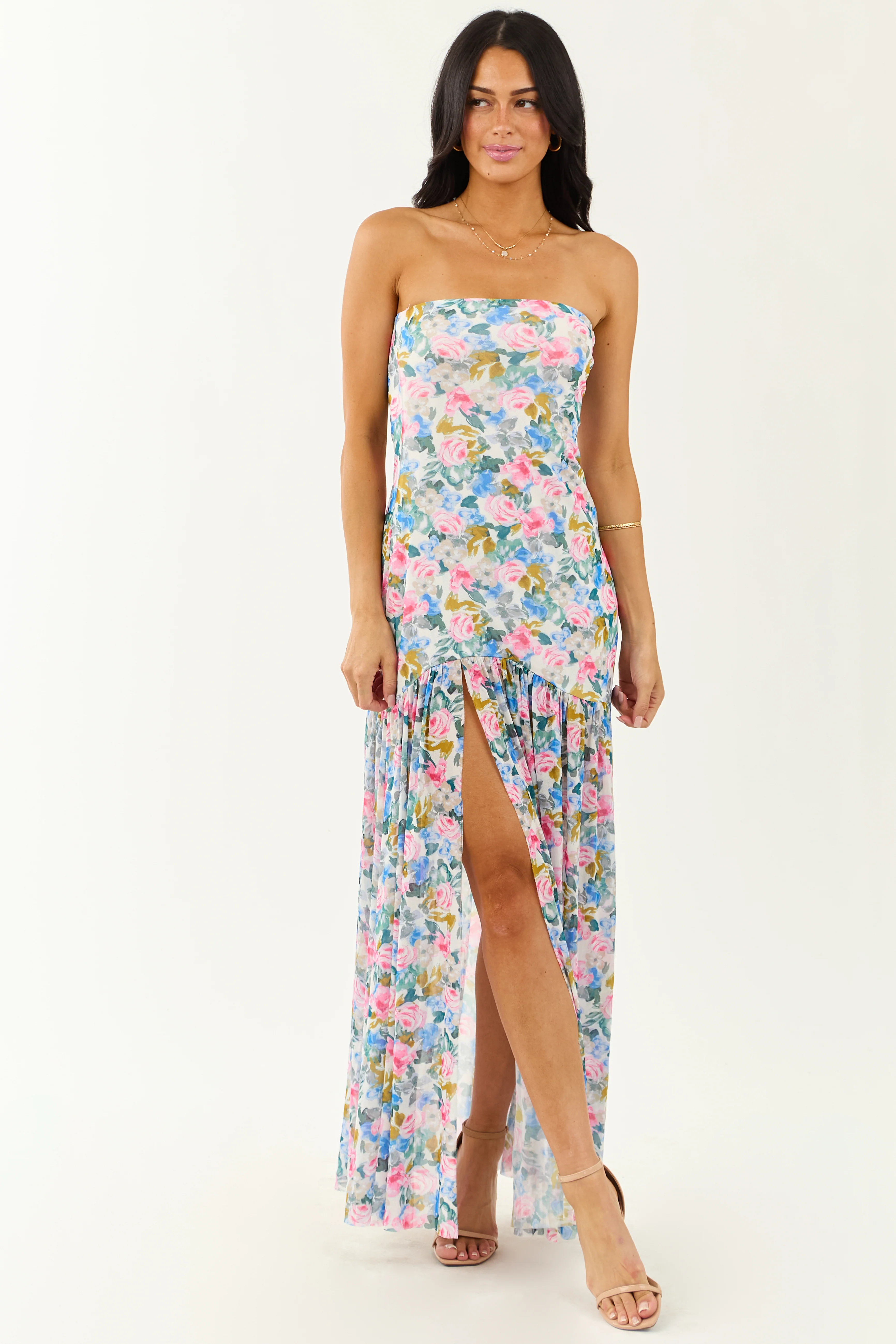 Ivory Floral Print Front Slit Mesh Maxi Dress - Image 5