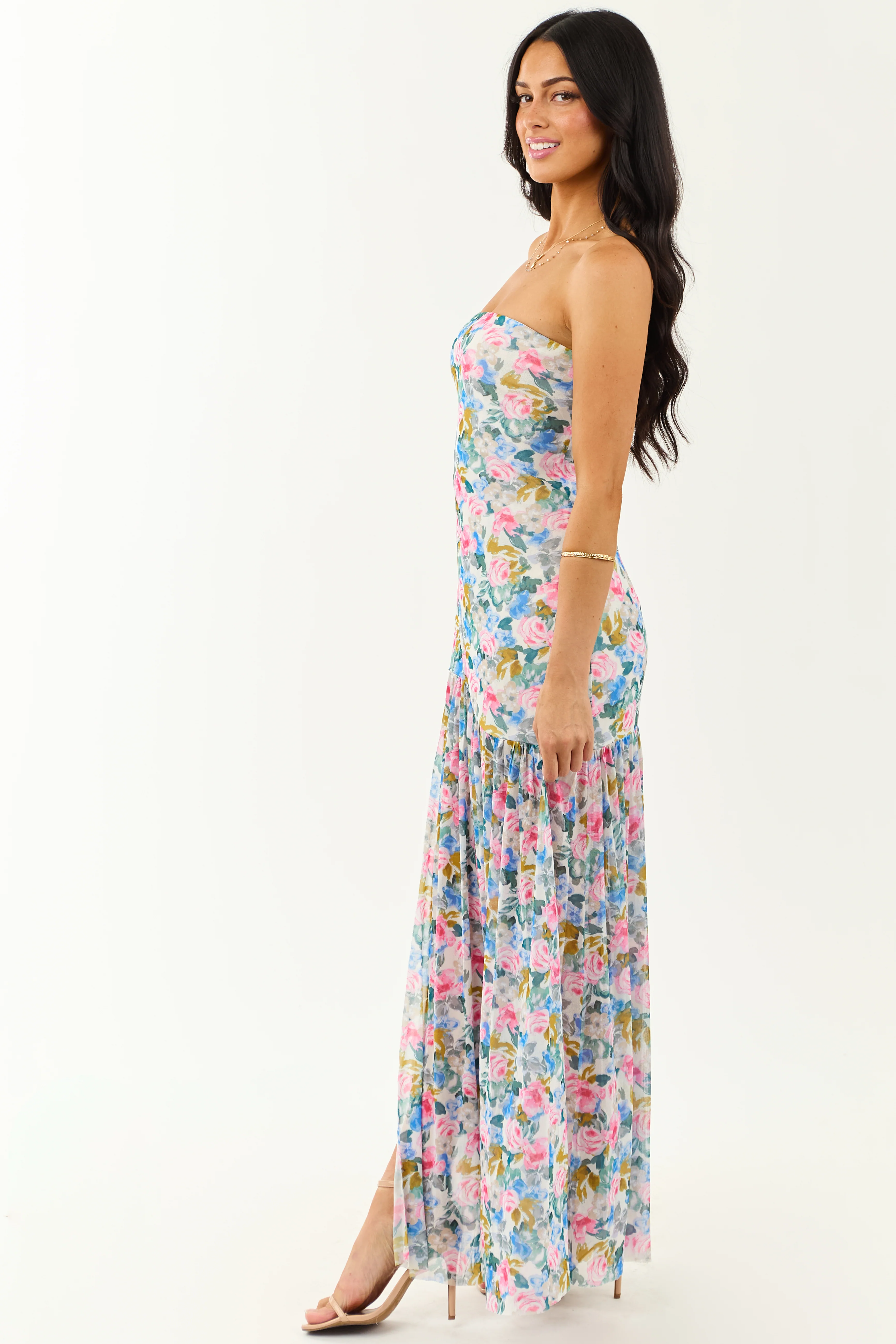 Ivory Floral Print Front Slit Mesh Maxi Dress - Image 6