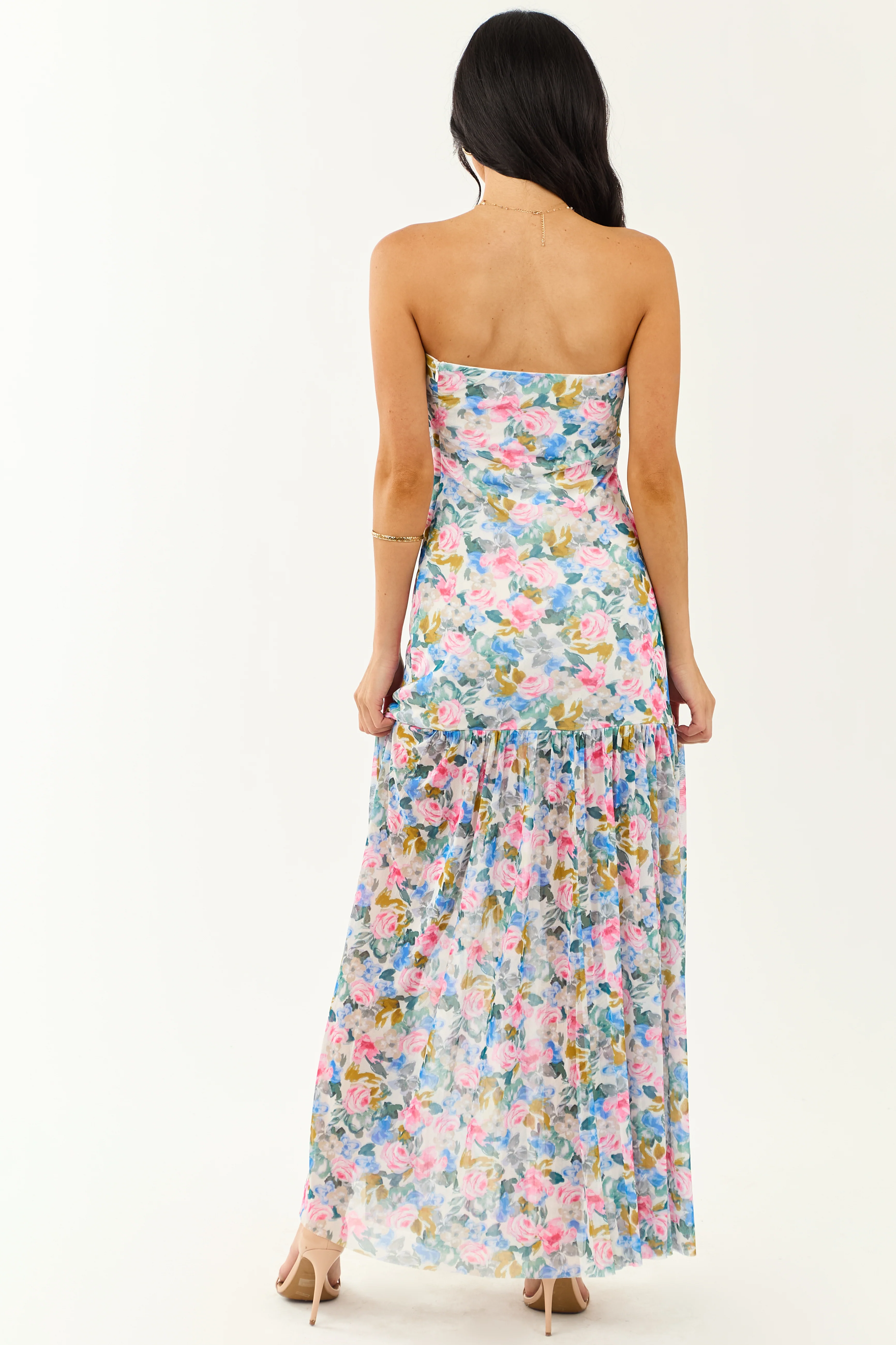 Ivory Floral Print Front Slit Mesh Maxi Dress - Image 7