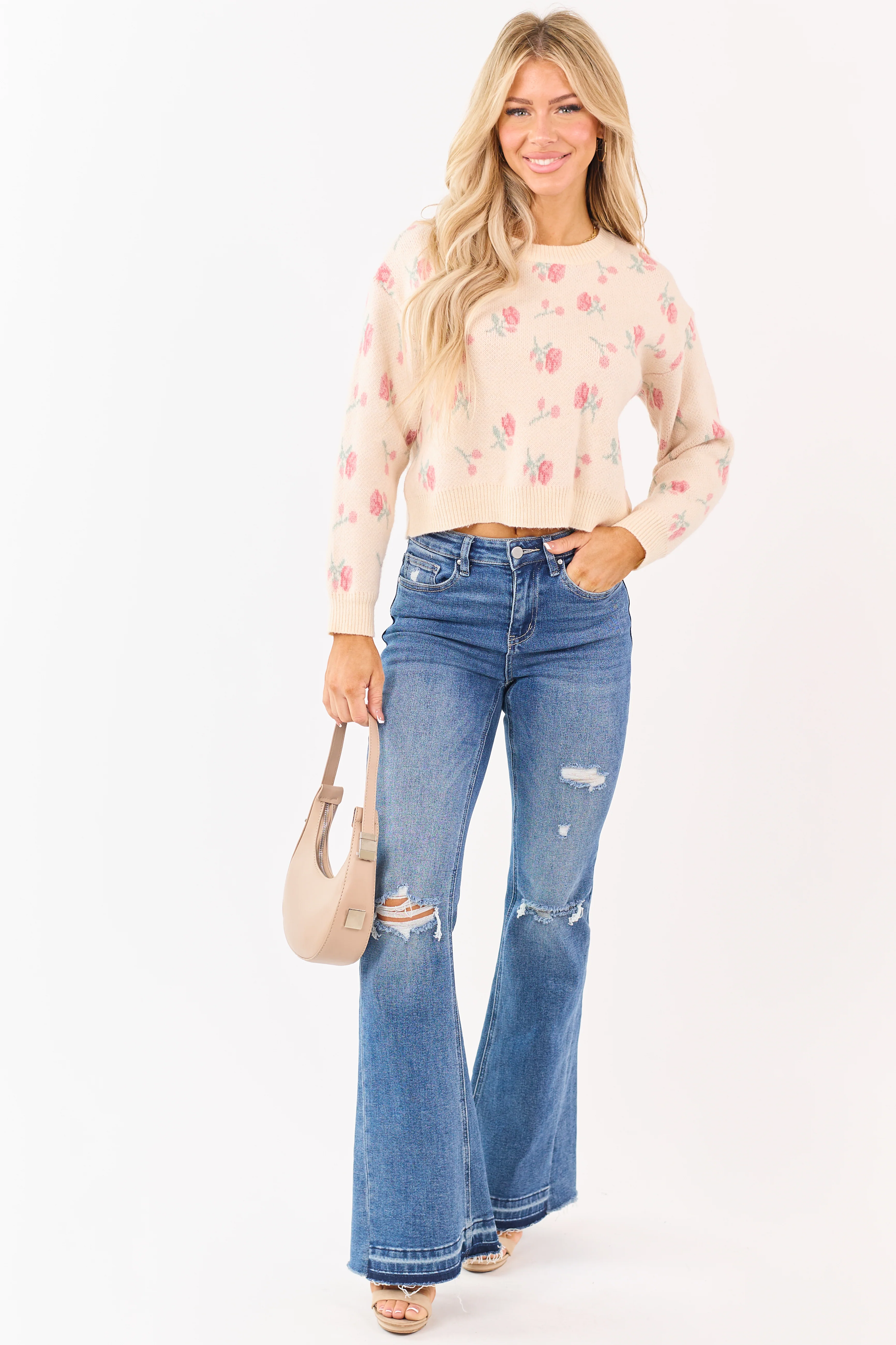 Ivory Floral Print Mock Neck Long Sleeve Mesh Top - Image 3