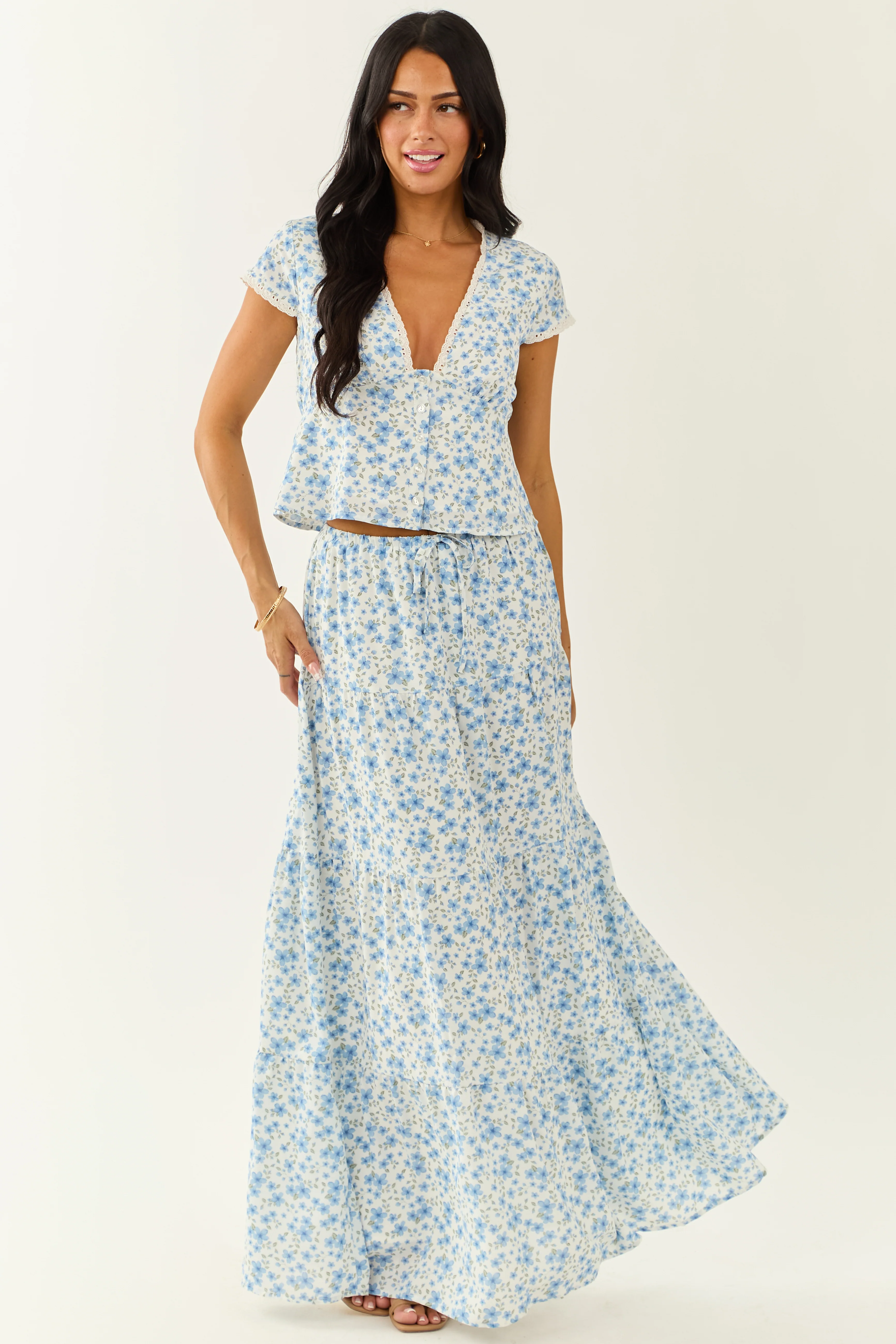 Ivory Floral Print Tiered Flowy Maxi Skirt - Image 10