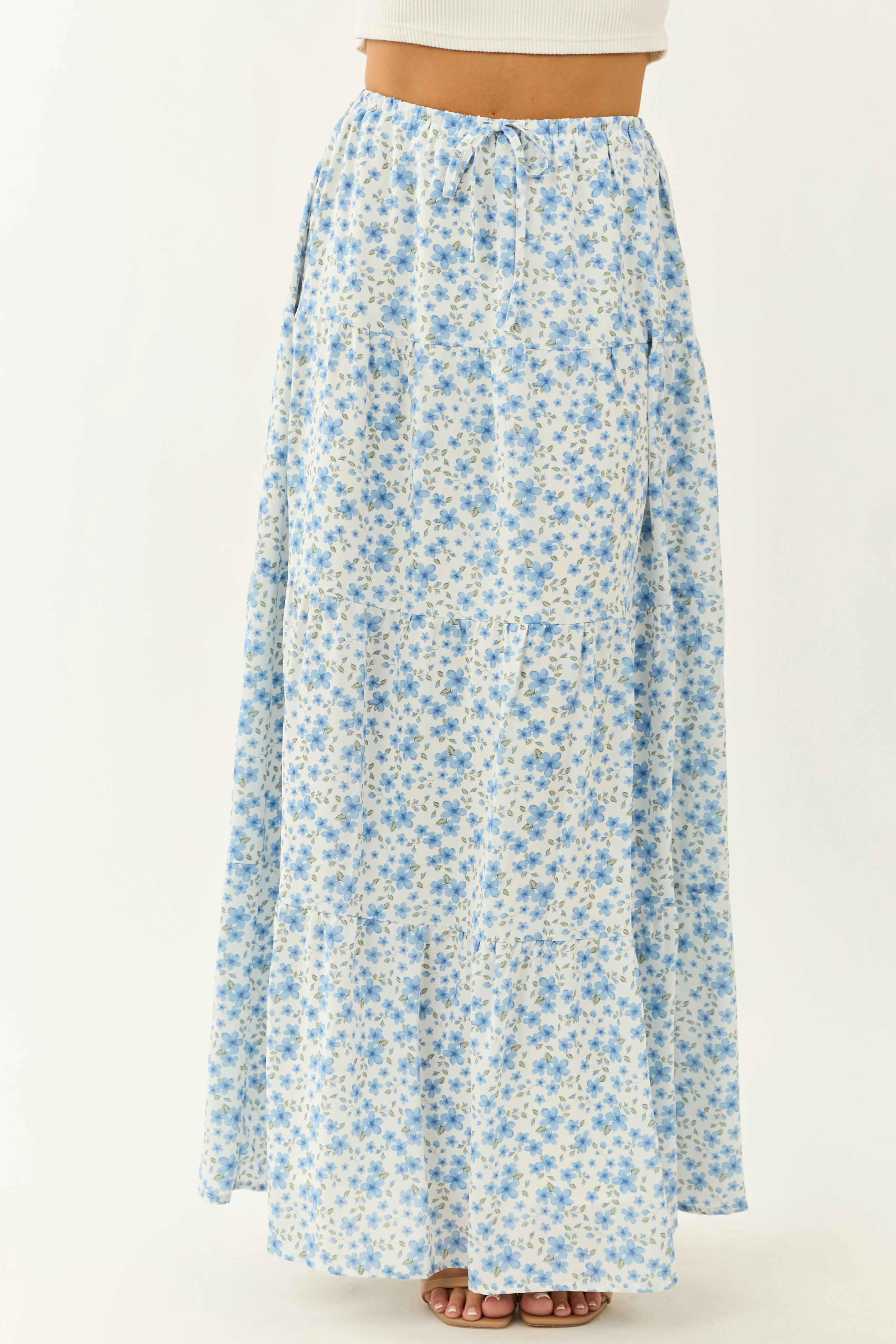 Ivory Floral Print Tiered Flowy Maxi Skirt - Image 4