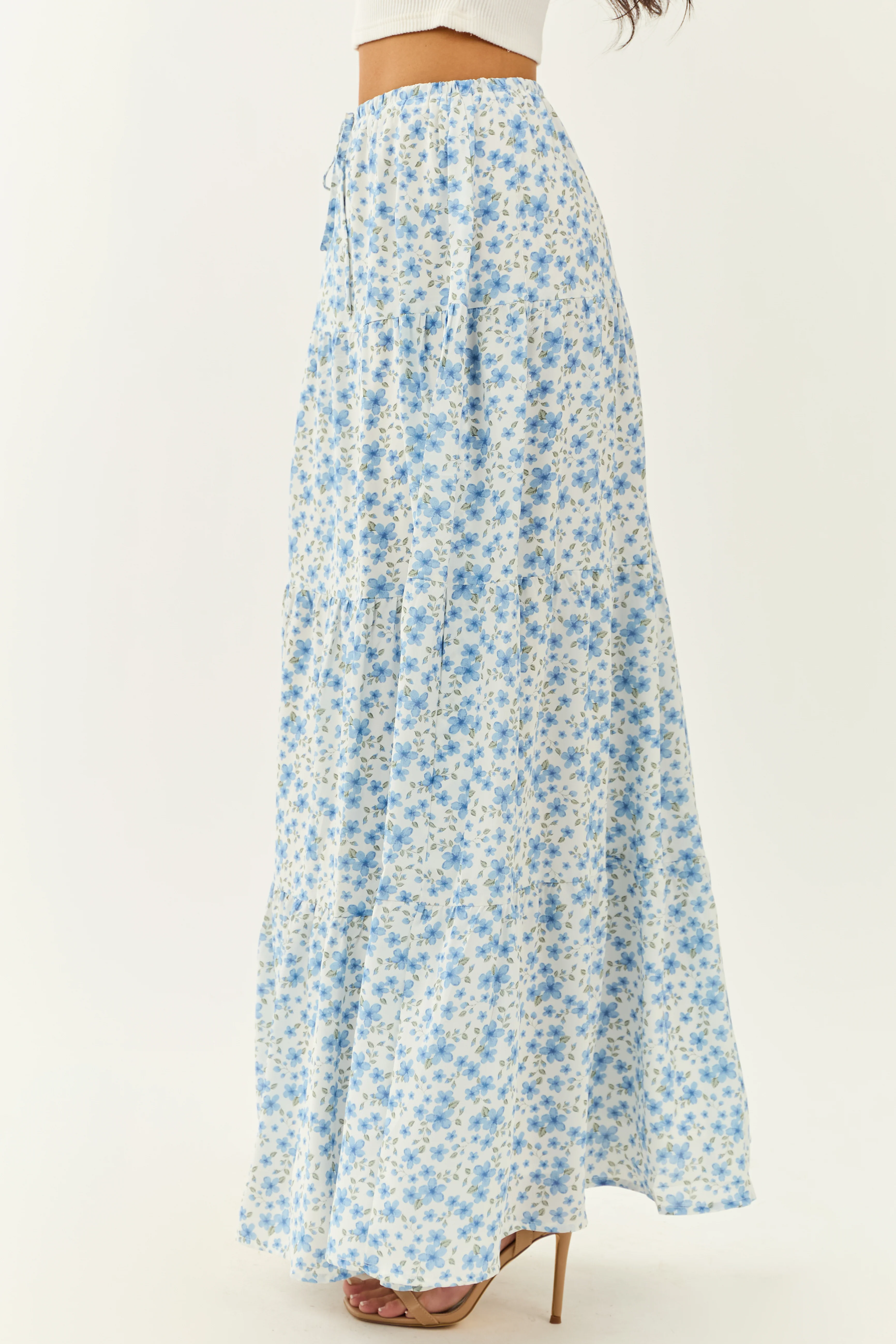 Ivory Floral Print Tiered Flowy Maxi Skirt - Image 5