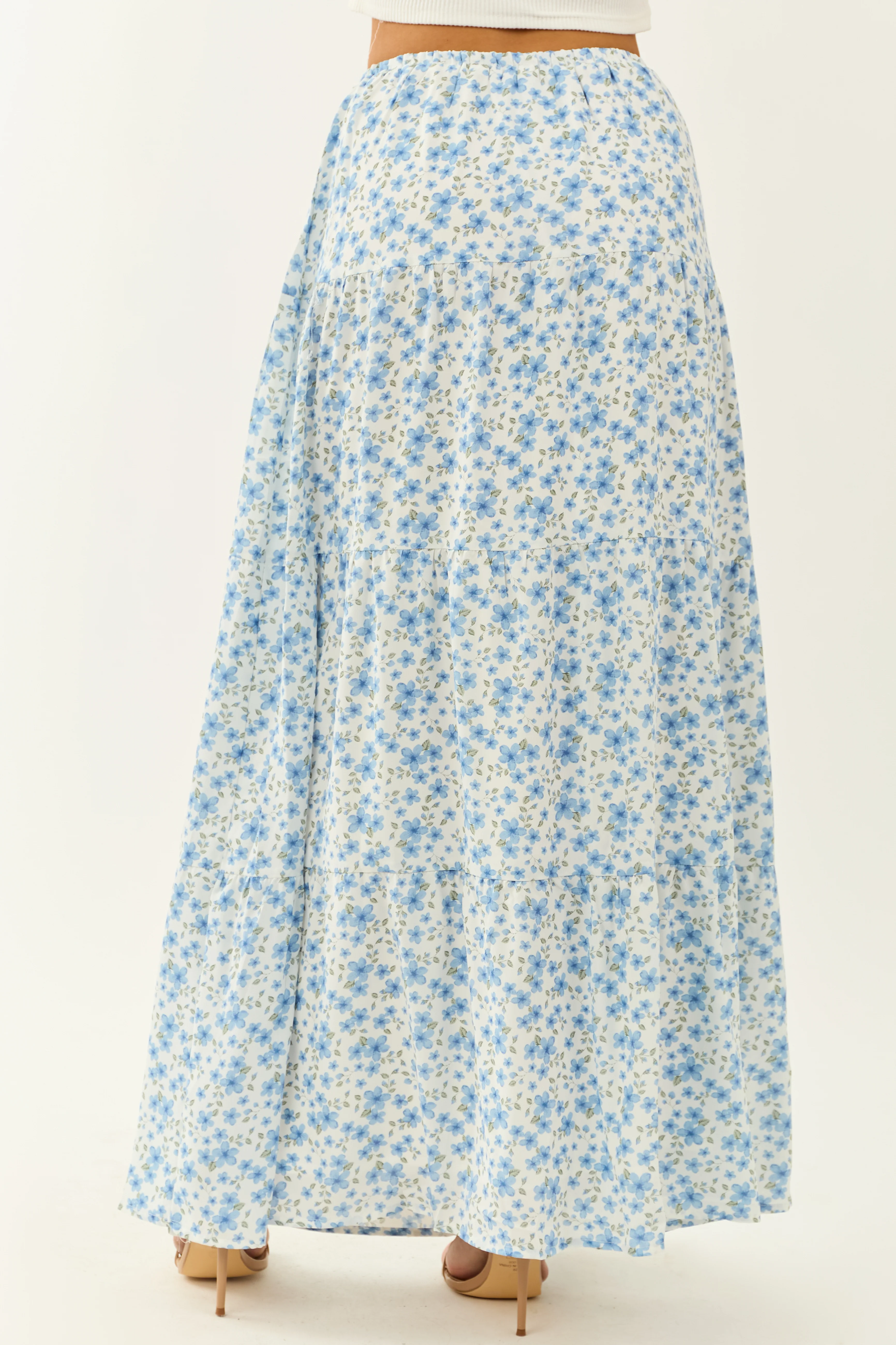 Ivory Floral Print Tiered Flowy Maxi Skirt - Image 6