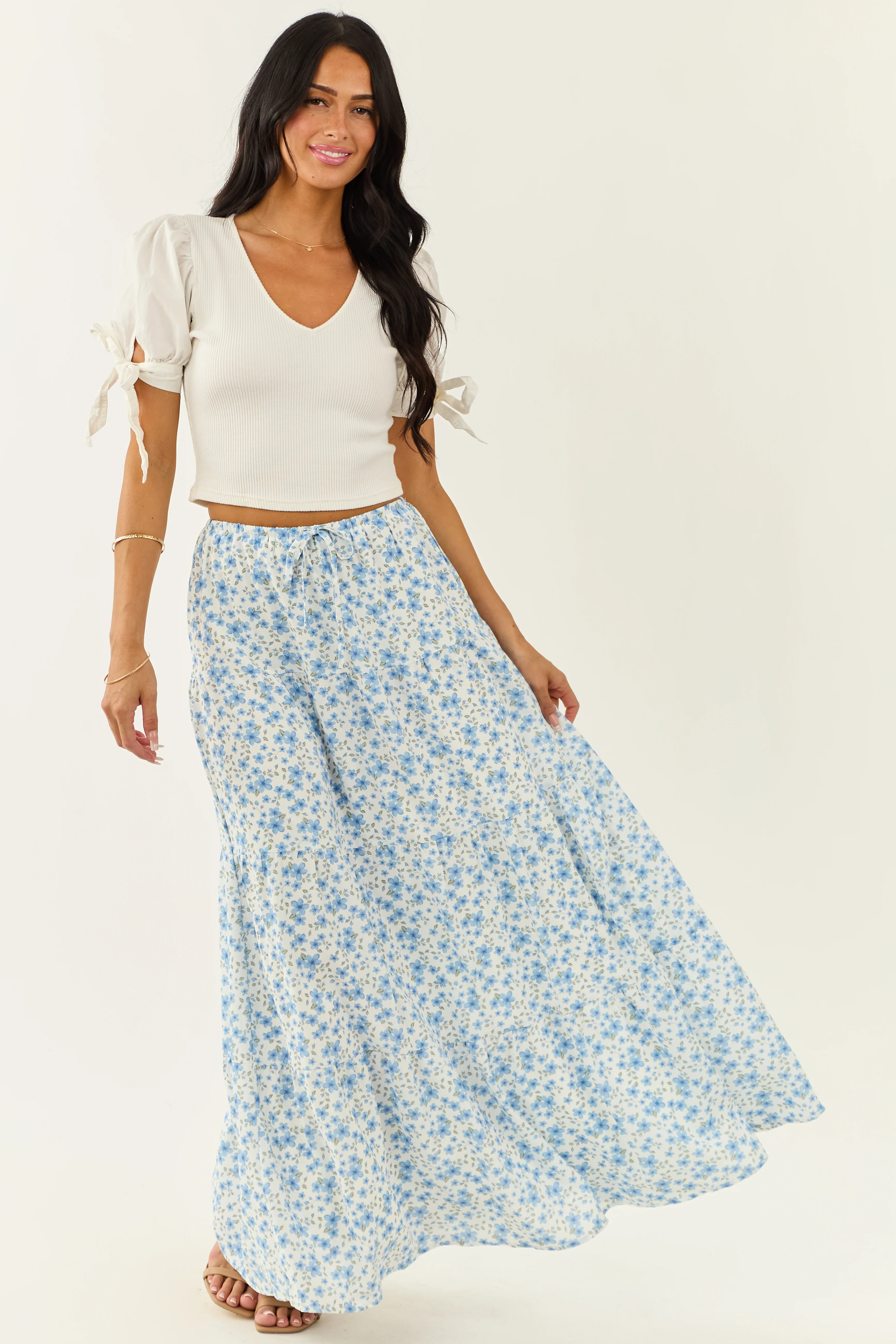 Ivory Floral Print Tiered Flowy Maxi Skirt - Image 7